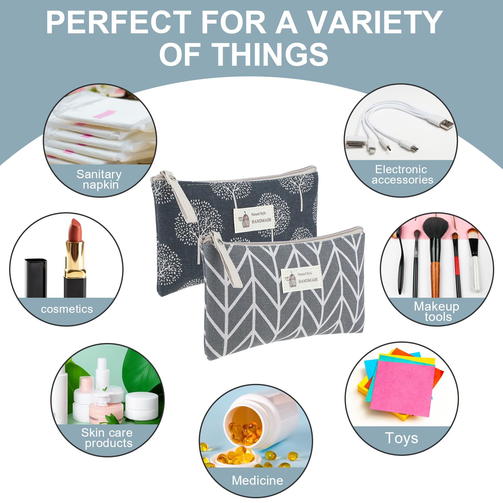 2pc Canvas Makeup Bag for Women Travel - Small Cosmetic Pouch with Metal Zipper, Perfect Gift for Girls