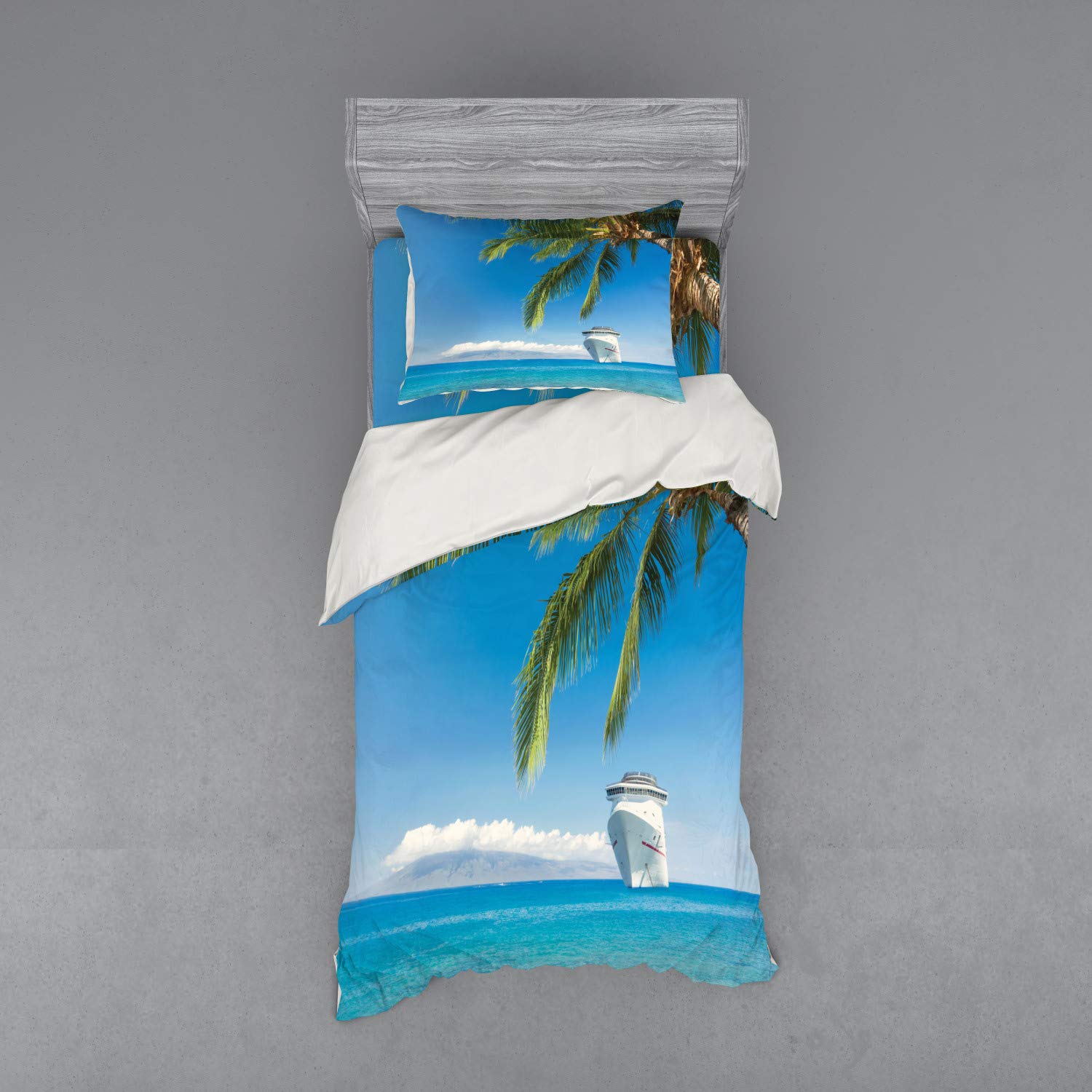 Ambesonne Nautical Duvet Cover Set - Twin XL Size 3 Piece Coastal Bedding with Sham & Fitted Sheet, Cruise Ship Tropical Beach Design in Turquoise Green - Perfect for Beach House Decor, Guest Room or Coastal Themed Bedroom