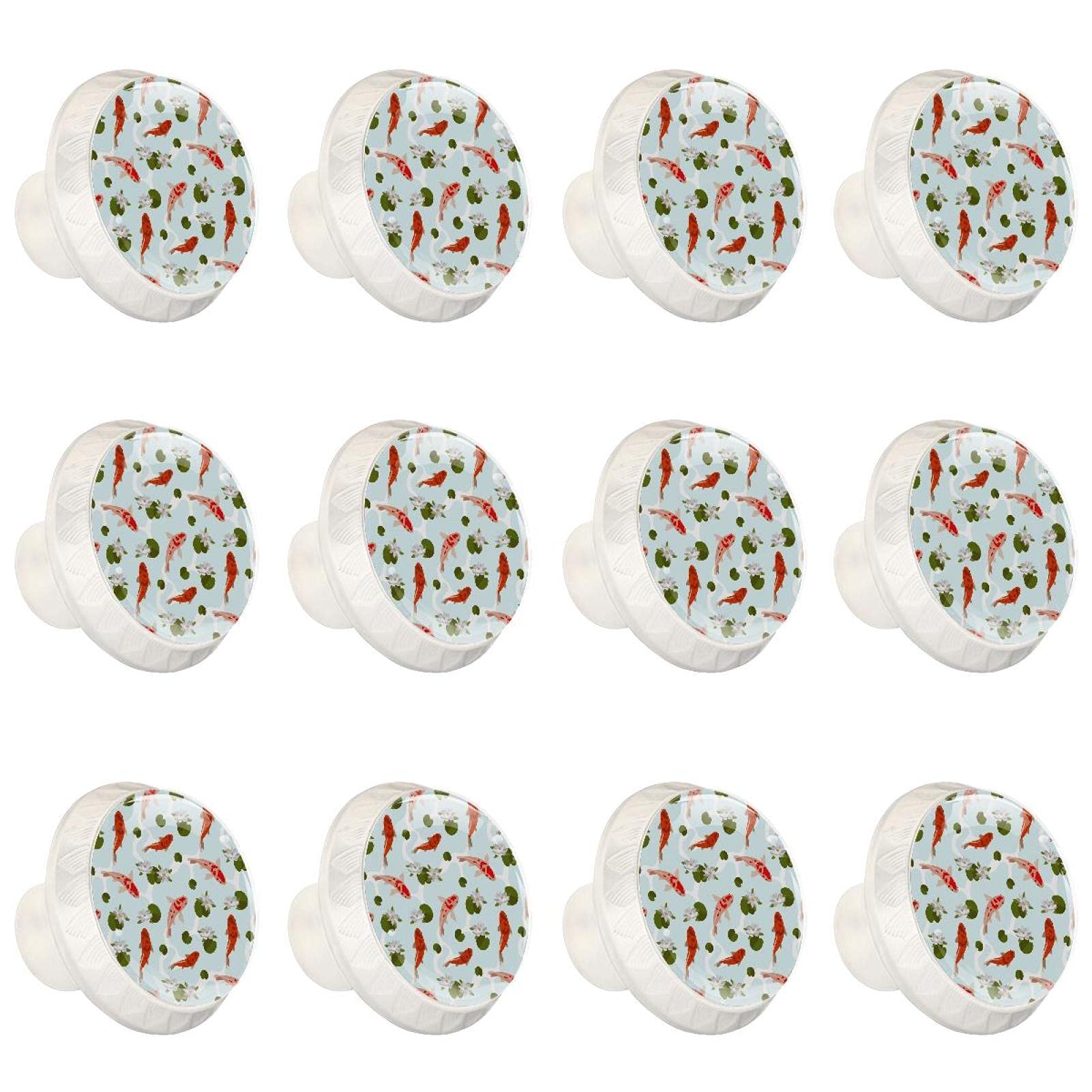 4 Pack Round Glass Cabinet Knobs - 12 Pieces Japanese Koi Fish Design Drawer Pulls for Dresser, Wardrobe & Kitchen Cabinets - Elegant Home Decor Upgrade for Bedroom, Bathroom & Office Furniture