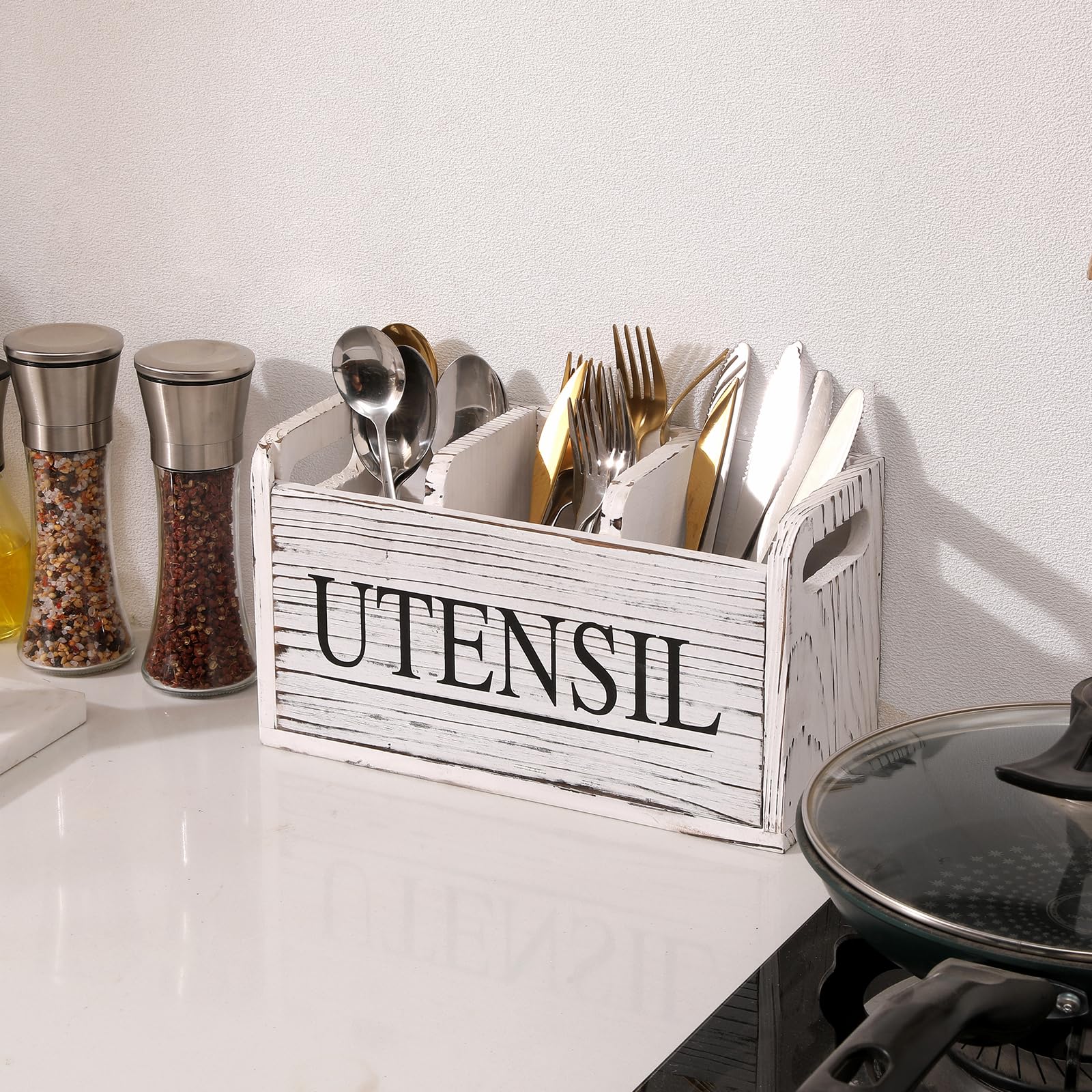 Farmhouse Style Wooden Kitchen Utensil Holder - 3 Compartment Countertop Organizer for Spoons, Forks & Cooking Tools (11.8