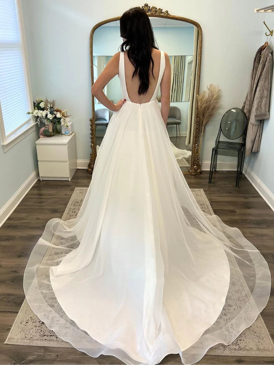Elegant A-Line Minimalist Wedding Dress - Drop Waist Satin Gown for Women | Perfect for Beach, Church & Outdoor Ceremonies