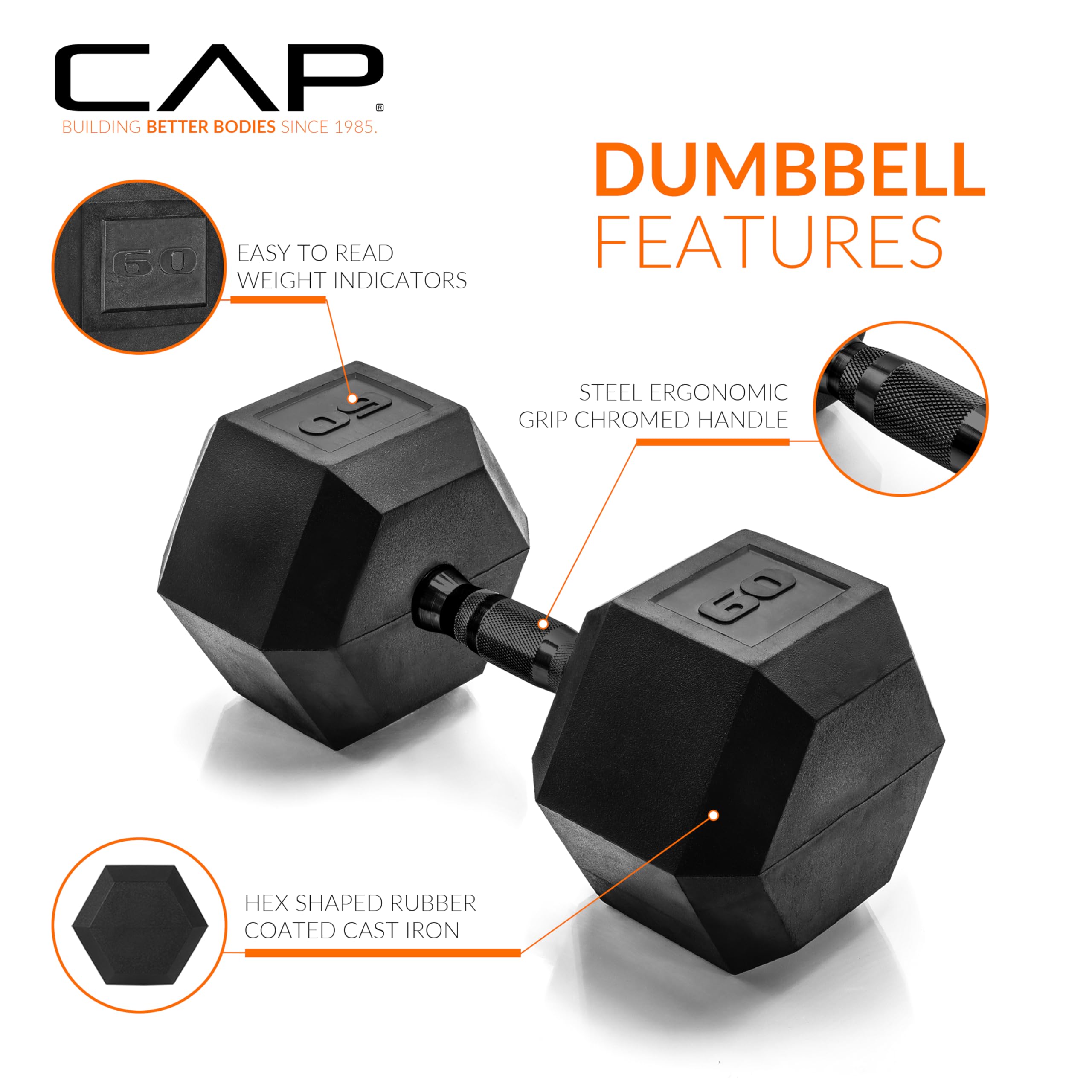 CAP Barbell Coated Dumbbell Set - 5-50lbs Rubber Hex Dumbbells for Home Gym, Strength Training & CrossFit Workouts | Multiple Weight Options & Pairs Available