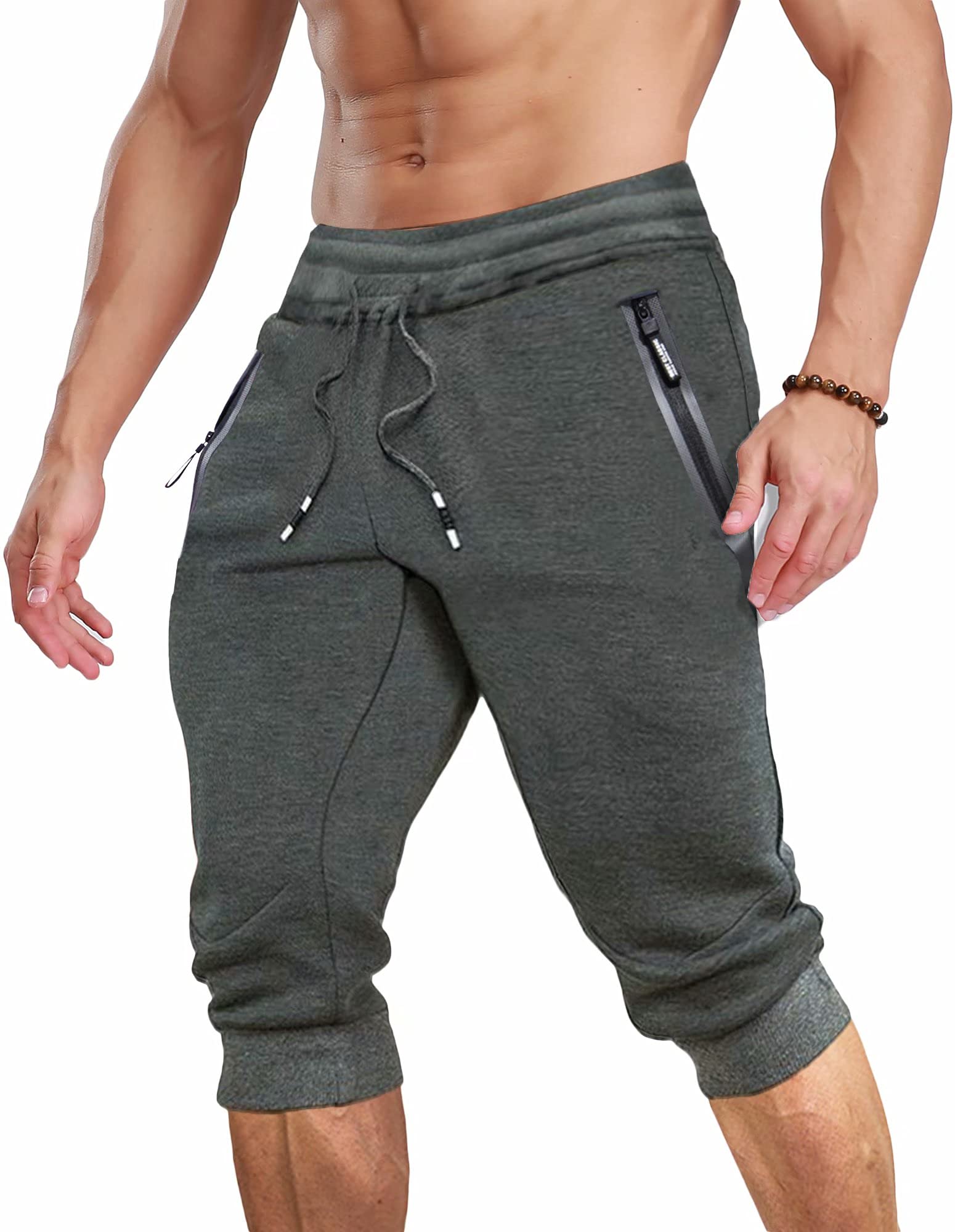 MAGCOMSEN Men's 3/4 Length Jogger Sweatpants with Zipper Pockets - Athletic Running Training Workout Capri Pants for Gym, Yoga & Casual Wear