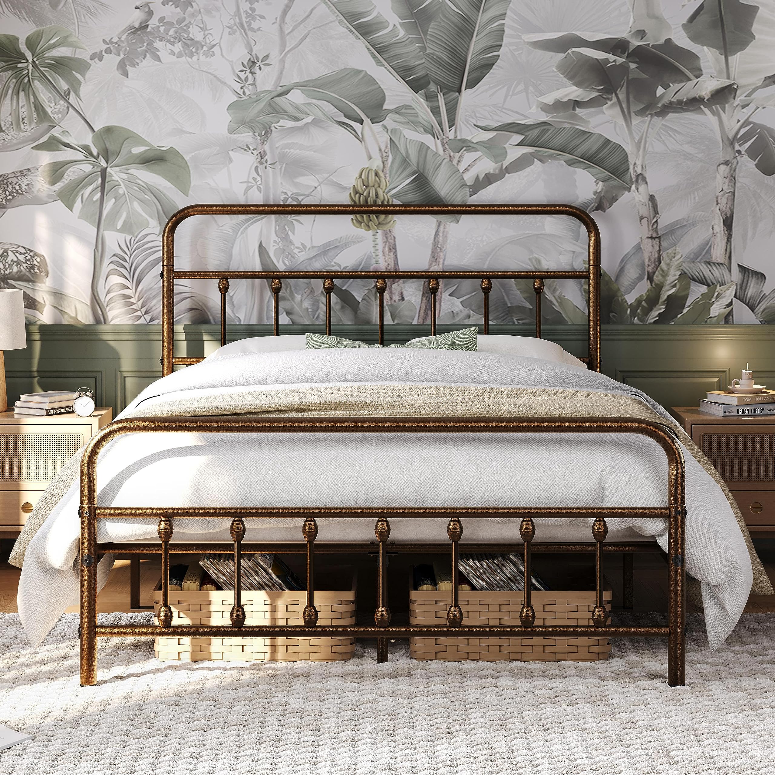 Yaheetech Queen Size Metal Platform Bed Frame with Victorian Iron-Art Headboard & Footboard - No Box Spring Needed, Under Bed Storage Space - Classic Bronze Bedroom Furniture for Master Bedroom, Guest Room, Dormitory