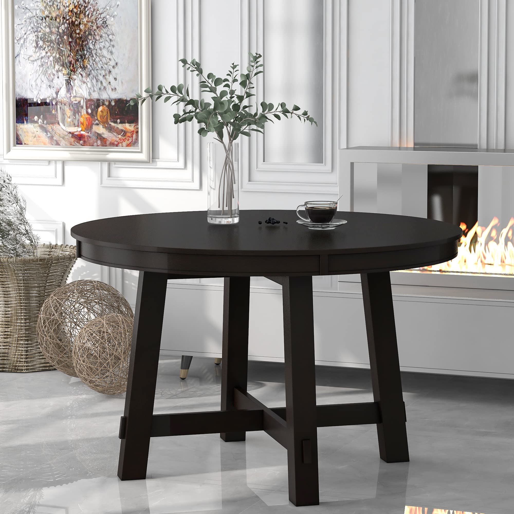 Knocbel Farmhouse Extendable Round Dining Table - Solid Wood Kitchen & Dining Room Table with X-Shaped Base, 300lbs Weight Capacity, Standard Height in Espresso Finish | Perfect for Small Spaces, Family Gatherings & Farmhouse Style Decor