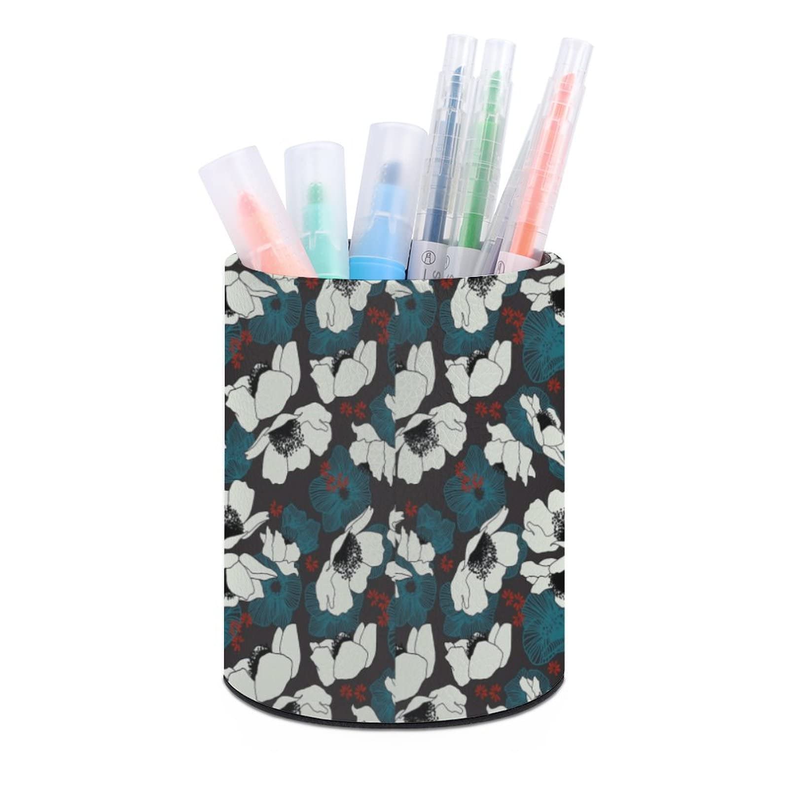 White & Blue Floral Pen Holder - Round Desk Organizer for Pencils, Pens & Makeup Brushes | Stylish Stationery Box for Office, School & Home Workspace Decor