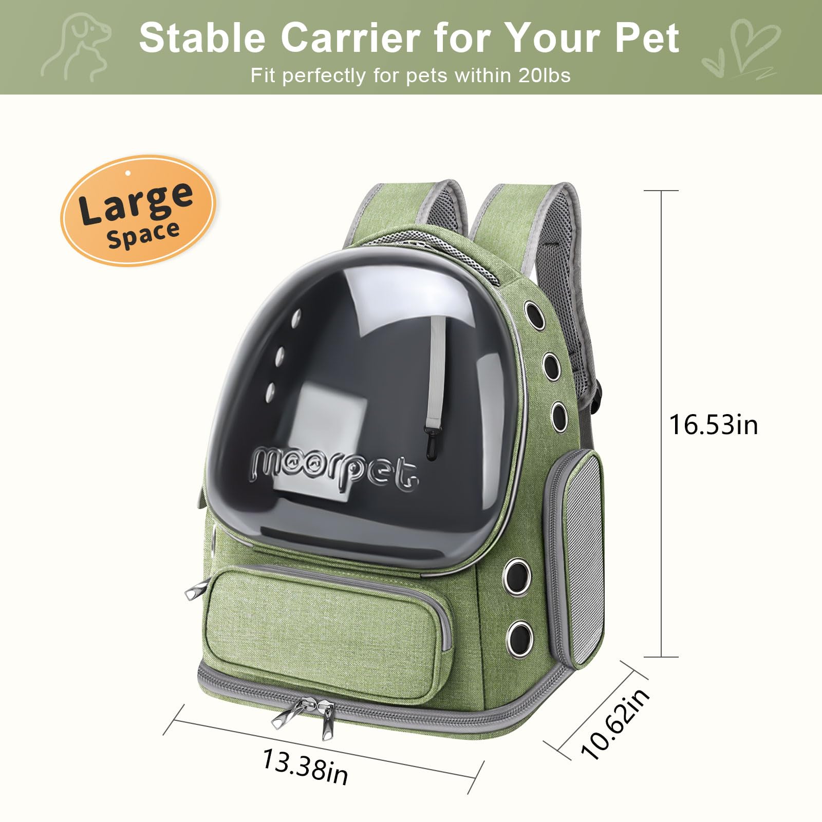 **Breathable Cat Backpack Carrier - Large Space Airline Approved Pet Travel Backpack for Cats & Small Dogs Up to 20 lbs, Foldable & Transparent Bubble Design (Green) - Perfect for Hiking, Travel & Vet Visits**