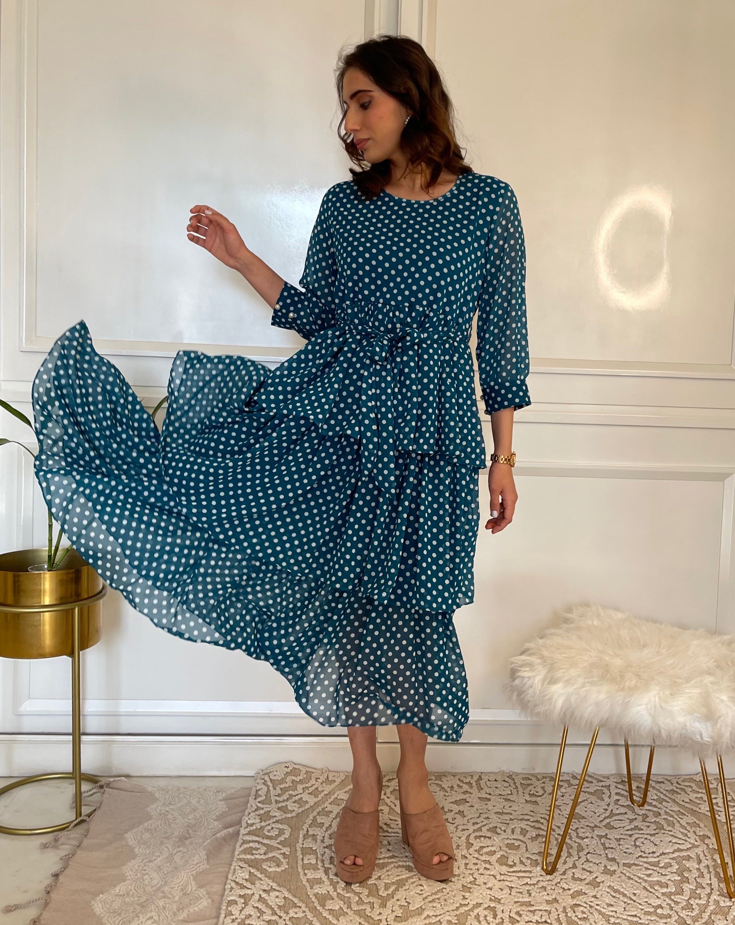 Stylish Green Polka Dot Ruffle Flared Maxi Dress for Women - Perfect for Summer Vacations, Beach Parties & Boho Weddings