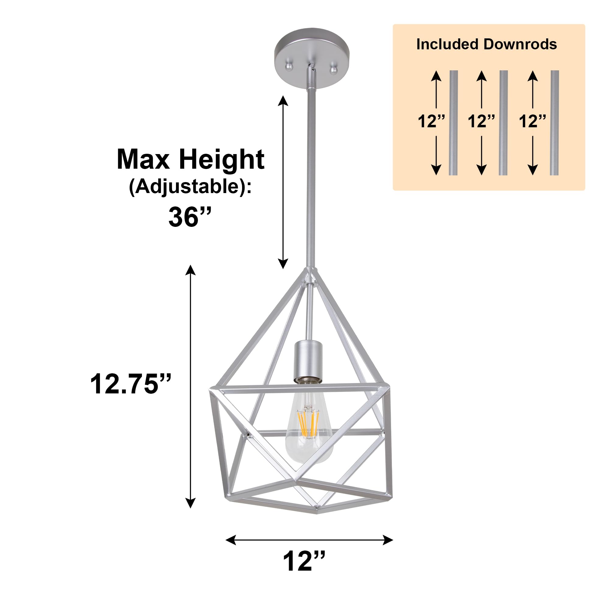 Modern Geometric Pendant Light - Adjustable Silver Hanging Light Fixture for Kitchen Island, Dining Room, Foyer & Entryway | Open Cage Design with 1 Light & Adjustable Cord | Perfect for Contemporary Home Decor & Restaurant Lighting