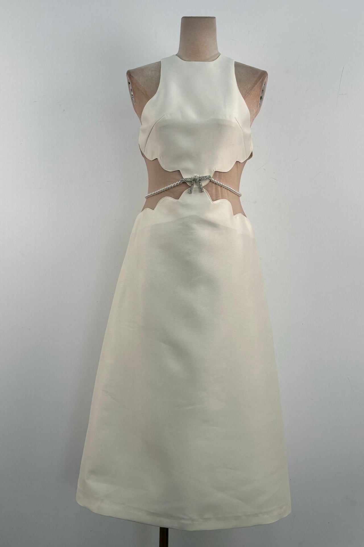 Elegant Anila Pearl Chain Embellished Midi Dress in Apricot - Perfect for Weddings, Parties & Special Occasions