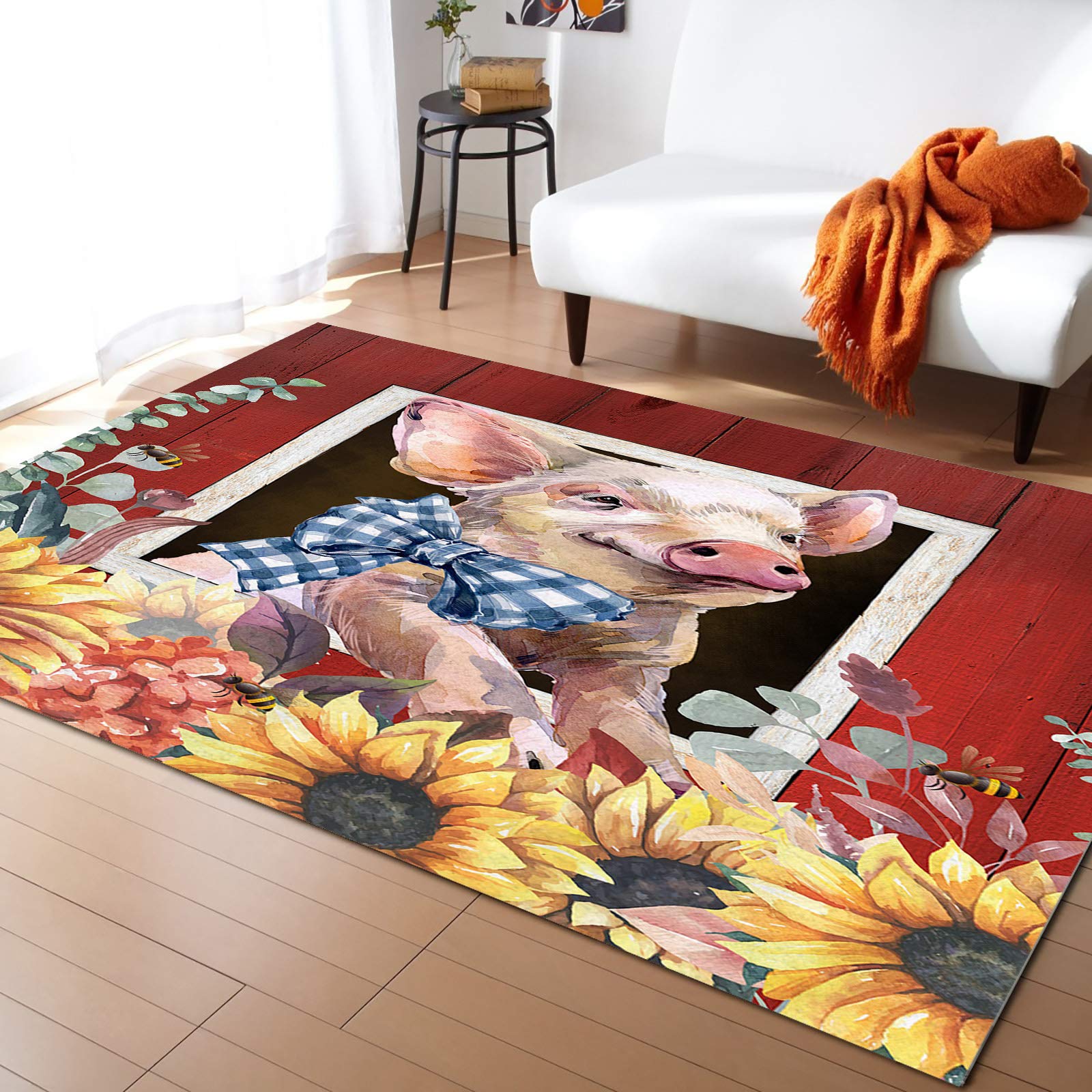 5'x8' Washable Area Runner Rug - Elegant Cute Pig with Blue Bow Design for Outdoor, Kitchen, Living Room, Bathroom, Bedroom, Classroom & Laundry Room - Farmhouse Vintage Style with Red, White & Yellow Sunflower Patterns - Perfect for Farmhouse Decor, Cozy Home Accents & Pet-Friendly Spaces