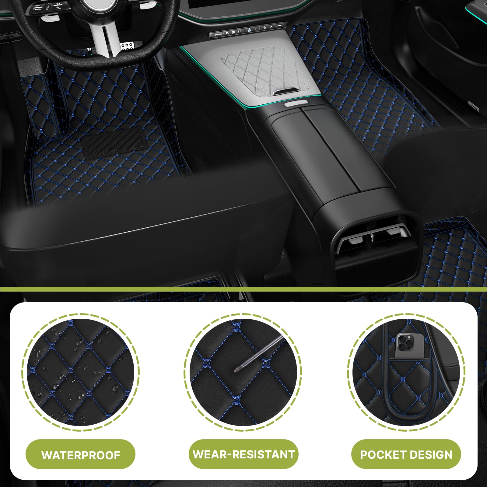 All-Weather Custom Fit Car Floor Mats for Dodge Charger 2007-2022 - Non-Slip Leather Floor Liners (Fits Charger SRT 2011-2019, Black-Blue) | Perfect for Daily Commuting, Road Trips & Winter Protection
