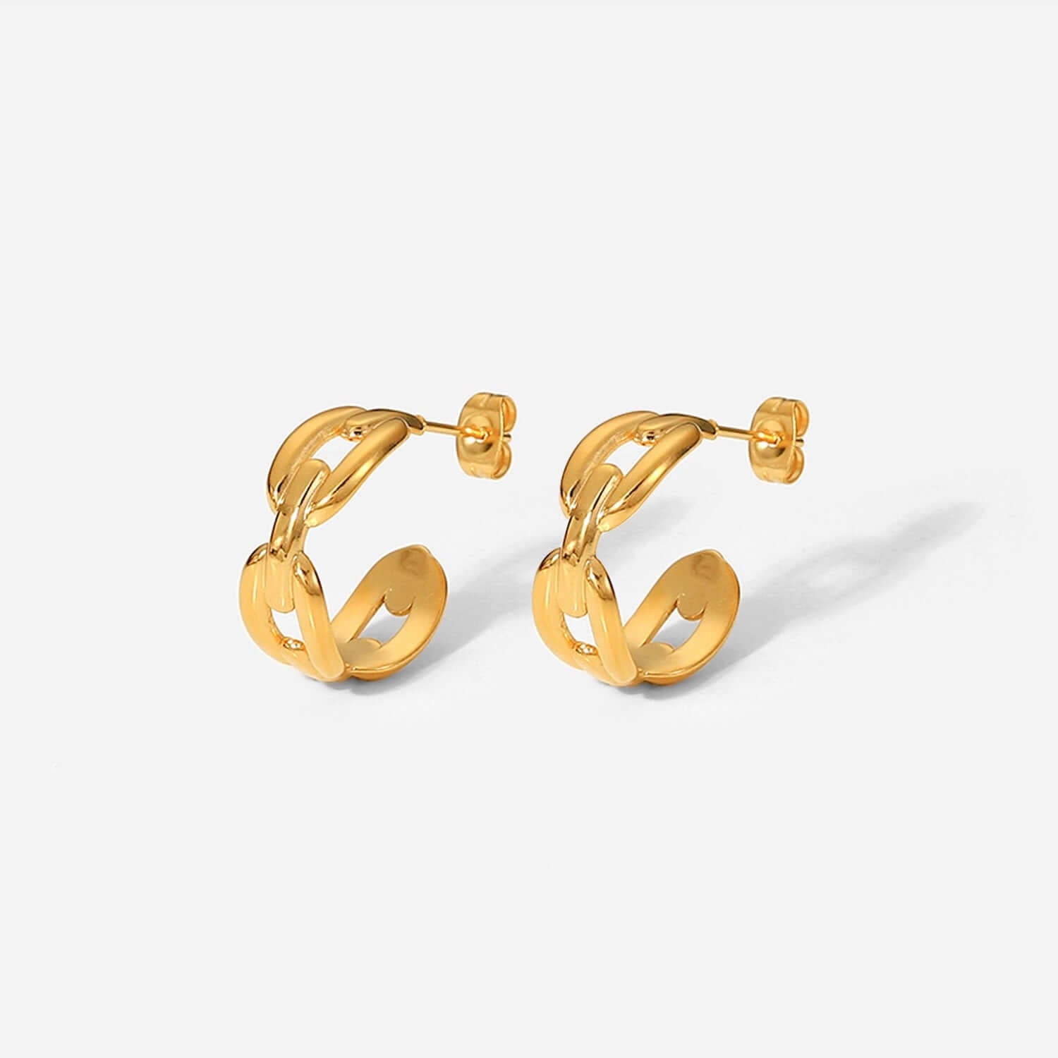 18K Gold Plated Hollow Connected Chain C Hoop Earrings & Ring Set - Trendy Jewelry for Women | Perfect for Parties, Weddings & Everyday Wear | JDE835