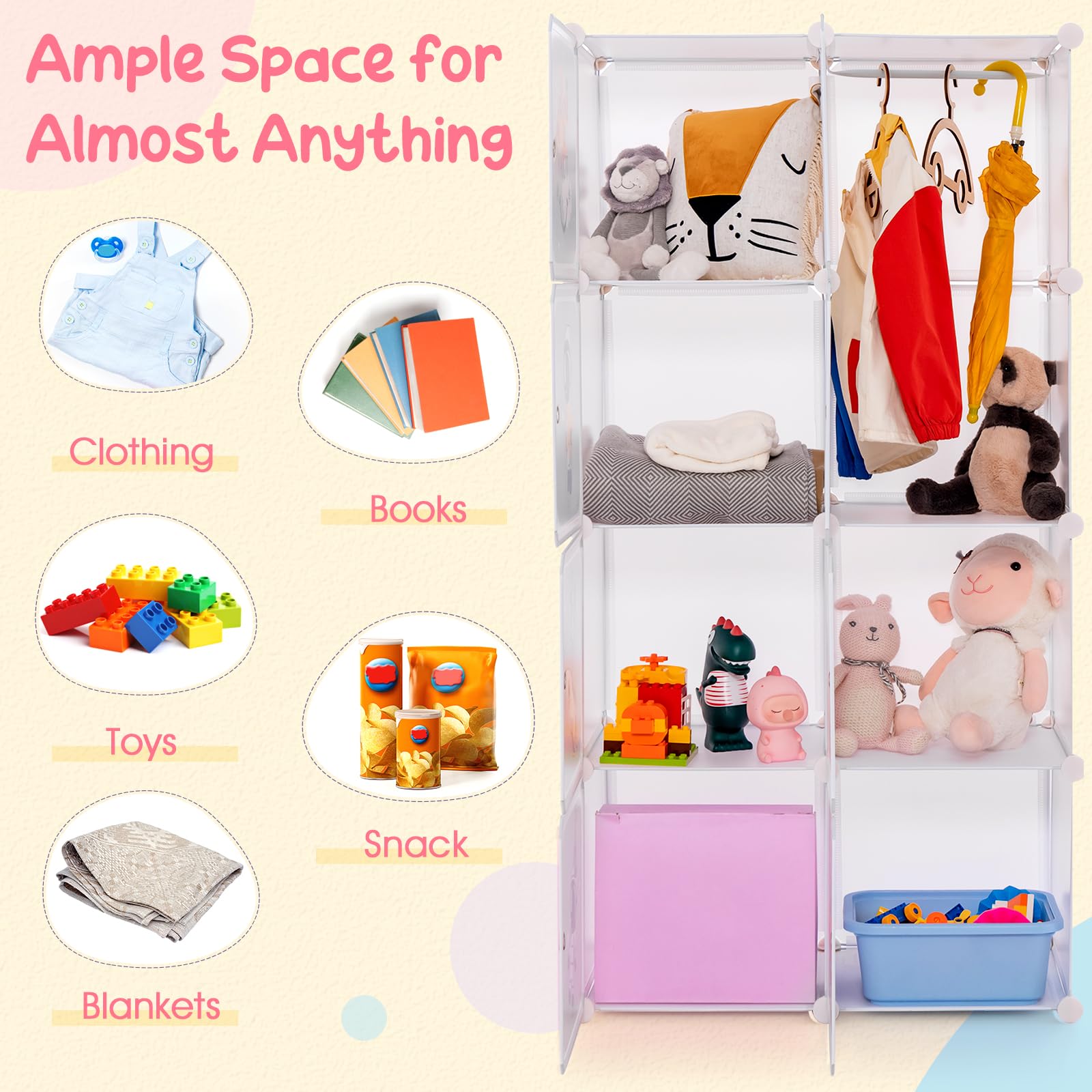 INFANS Kids Wardrobe & Closet Organizer - Portable Baby Dresser with 12 Storage Cubes & 2 Hanging Sections for Nursery, Bedroom - White Children's Clothes Storage Cabinet (Perfect for Small Spaces & Shared Kids Rooms)