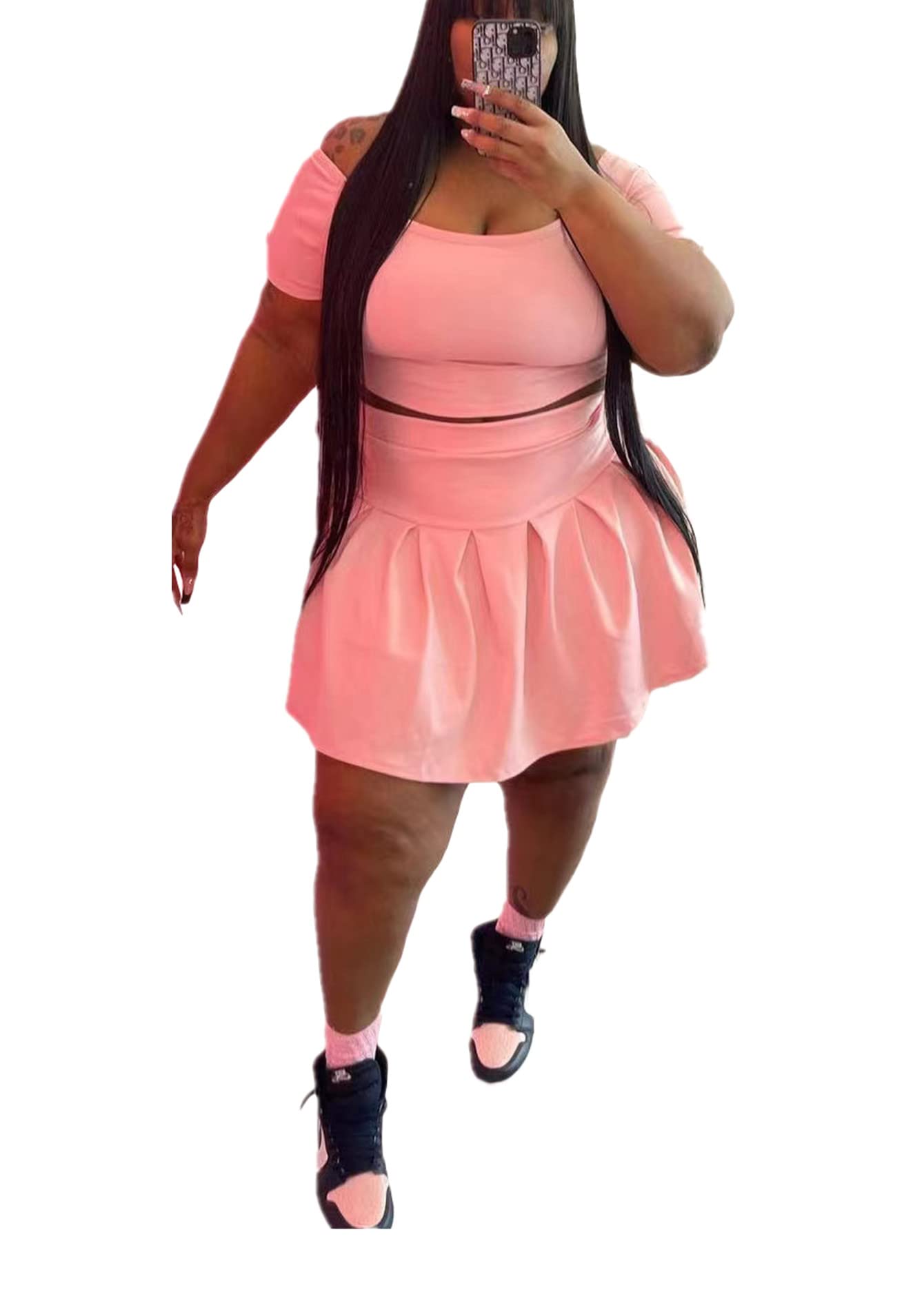 KELOVEPAN Women's Pleated Short Skirt 2-Piece Set - Sexy Plus Size Summer Sweatsuit Outfit & Dress Tracksuit | Perfect for Casual Wear, Beach Vacation, and Street Fashion