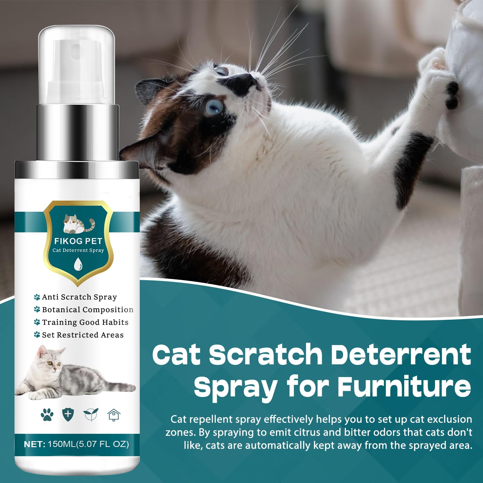 Natural Cat Repellent Spray - Indoor & Outdoor Cat Deterrent for Furniture Protection | Effective Training Aid to Stop Scratching on Sofas, Rugs, Curtains | Safe for Kittens & Cats | Perfect for Home, Garden & Pet Training