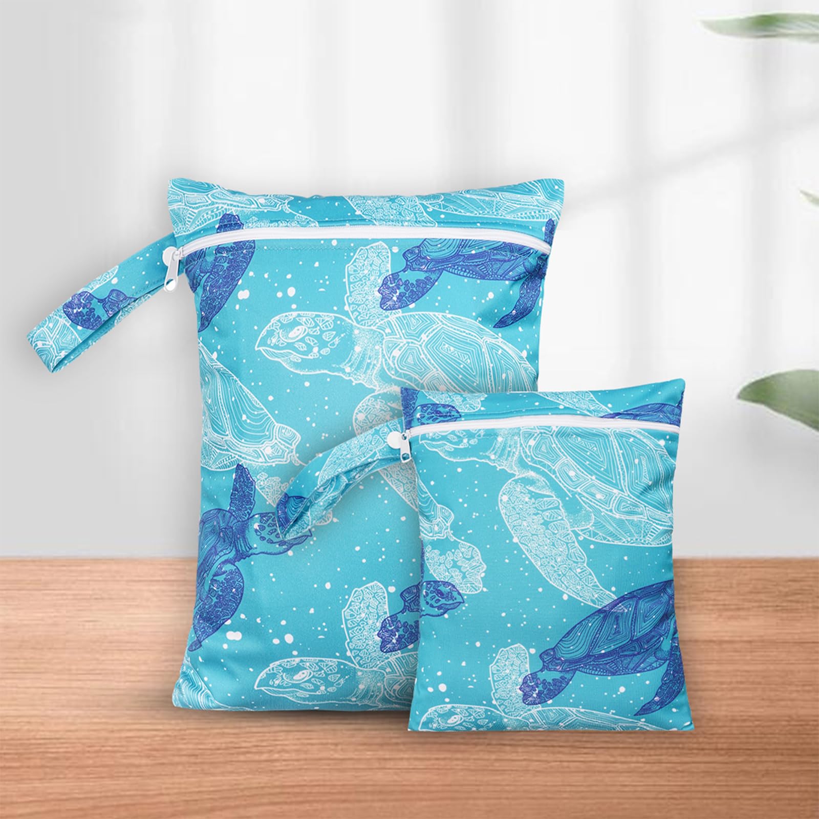 2 Pack Waterproof Reusable Wet Dry Bags with Zipper - Eco-Friendly Cloth Diaper Storage for Travel, Beach, Pool & Swim | Perfect for Baby Diapers, Gym Yoga Clothes, Swimsuits & Water Wipes (Blue Turtle Design) - Ideal for Daycare, Outdoor Activities & Sports Gear Organization