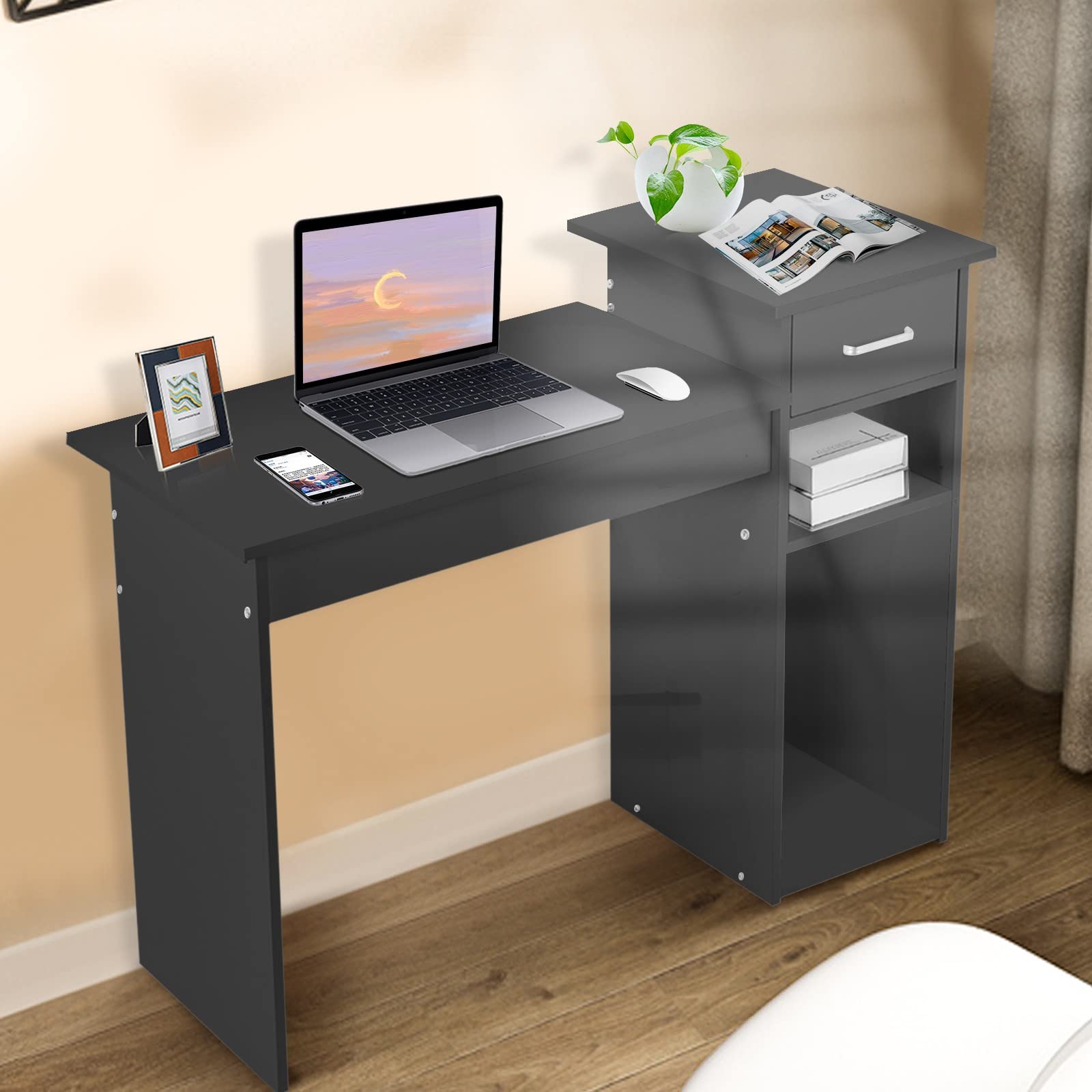 ZGstore 43” Modern Computer Desk with Storage Shelves & Drawer - Home Office Desk with Monitor Stand for Writing, Study & Workstation | Perfect for Small Spaces & Remote Work