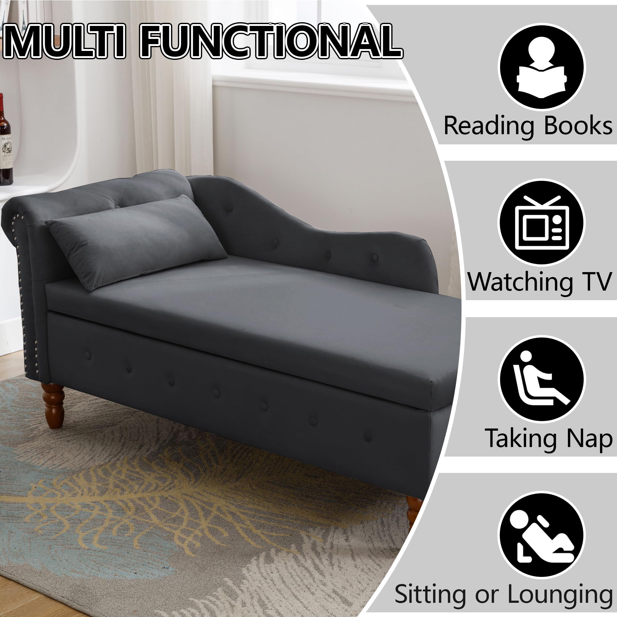 Luxury Velvet Chaise Lounge Chair with Storage - Button Tufted Upholstered Sofa with Lumbar Pillow & Rolled Arms for Living Room, Bedroom, Office - Perfect for Reading Nook, Home Theater Seating & Guest Accommodation (Black)