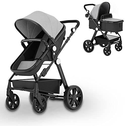 **Light Gray Baby Stroller - Reversible Bassinet to Toddler Seat for Newborns & Infants | Compact All-Terrain Pram for Boys & Girls | Includes Stroller Cover, Cup Holder & Net | Perfect for Park Walks, Shopping & Travel**