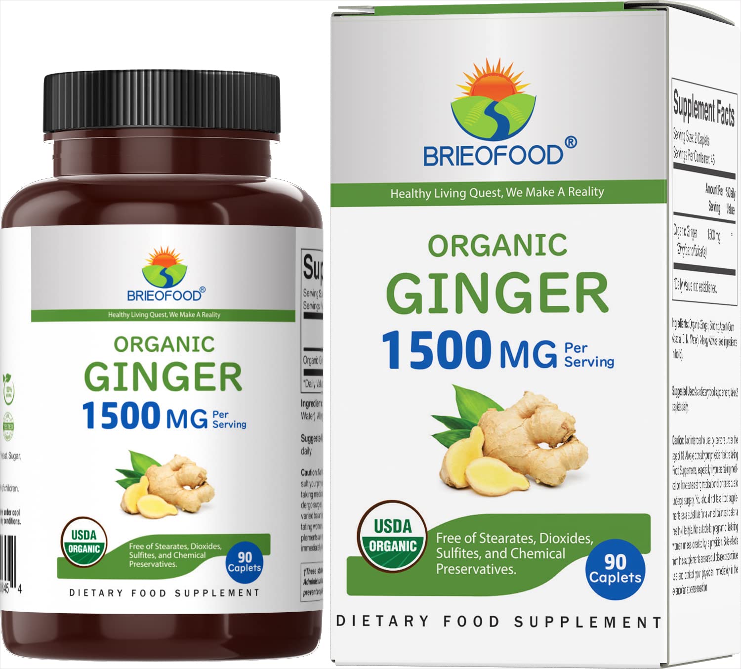 Brieofood Organic Ginger 1500mg Supplement - 90 Vegetarian Tablets (45 Servings) | Gluten Free, Non-GMO | Supports Digestion & Immunity - Perfect for Tea, Cooking & Wellness Routines