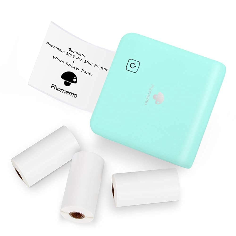 Phomemo M02 Pro Mini Bluetooth Thermal Printer - Portable Pocket Printer with 3 Rolls White Sticker Paper, Wireless Compatible with iOS & Android for Study Notes, Journaling, Office Work, Learning Assistance | Perfect for Students, Teachers & Professionals