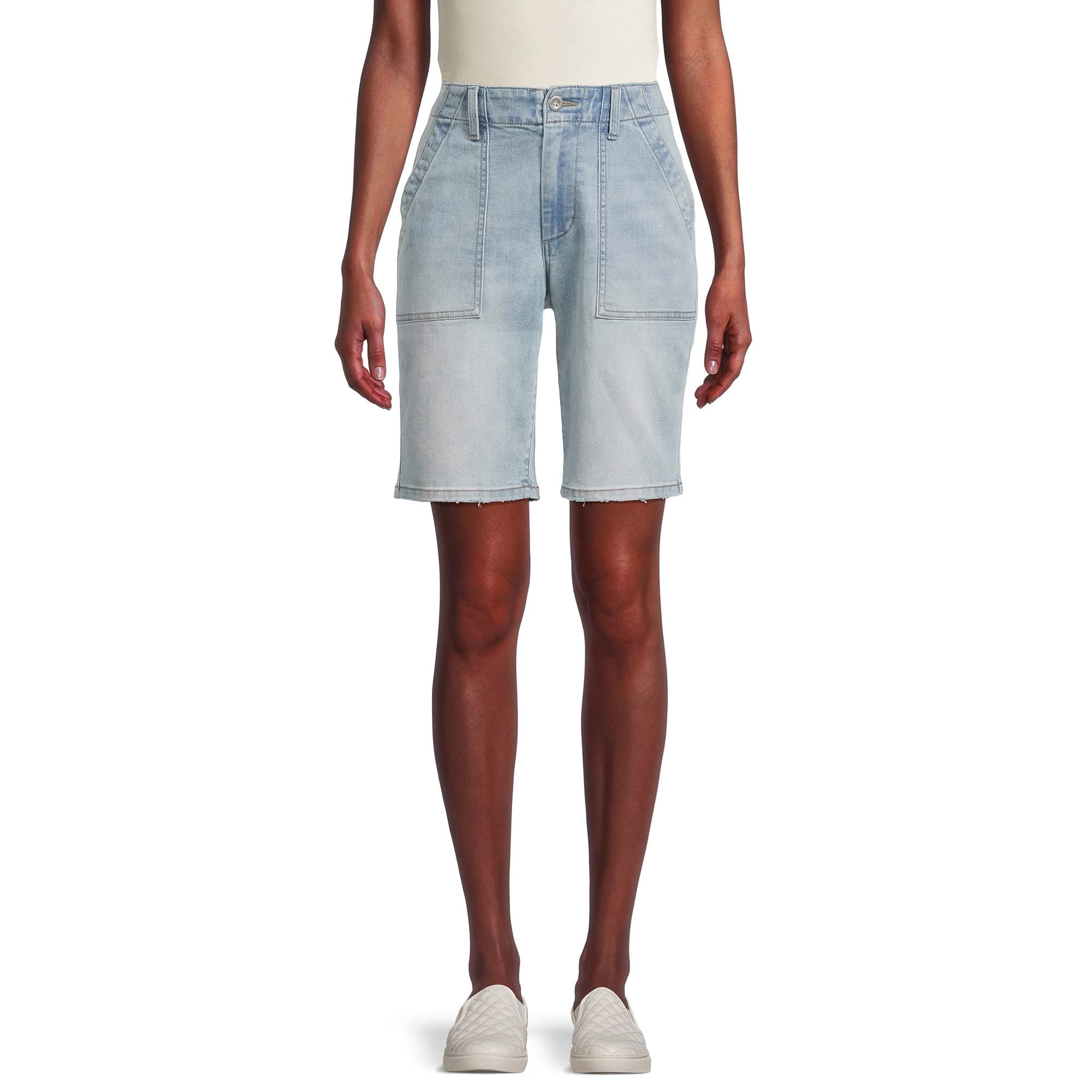 Time and Tru Women's Relaxed Fit High-Rise Denim Bermuda Shorts - Light Wash Size 14 | Comfortable Casual Summer Shorts for Beach, Travel & Everyday Wear