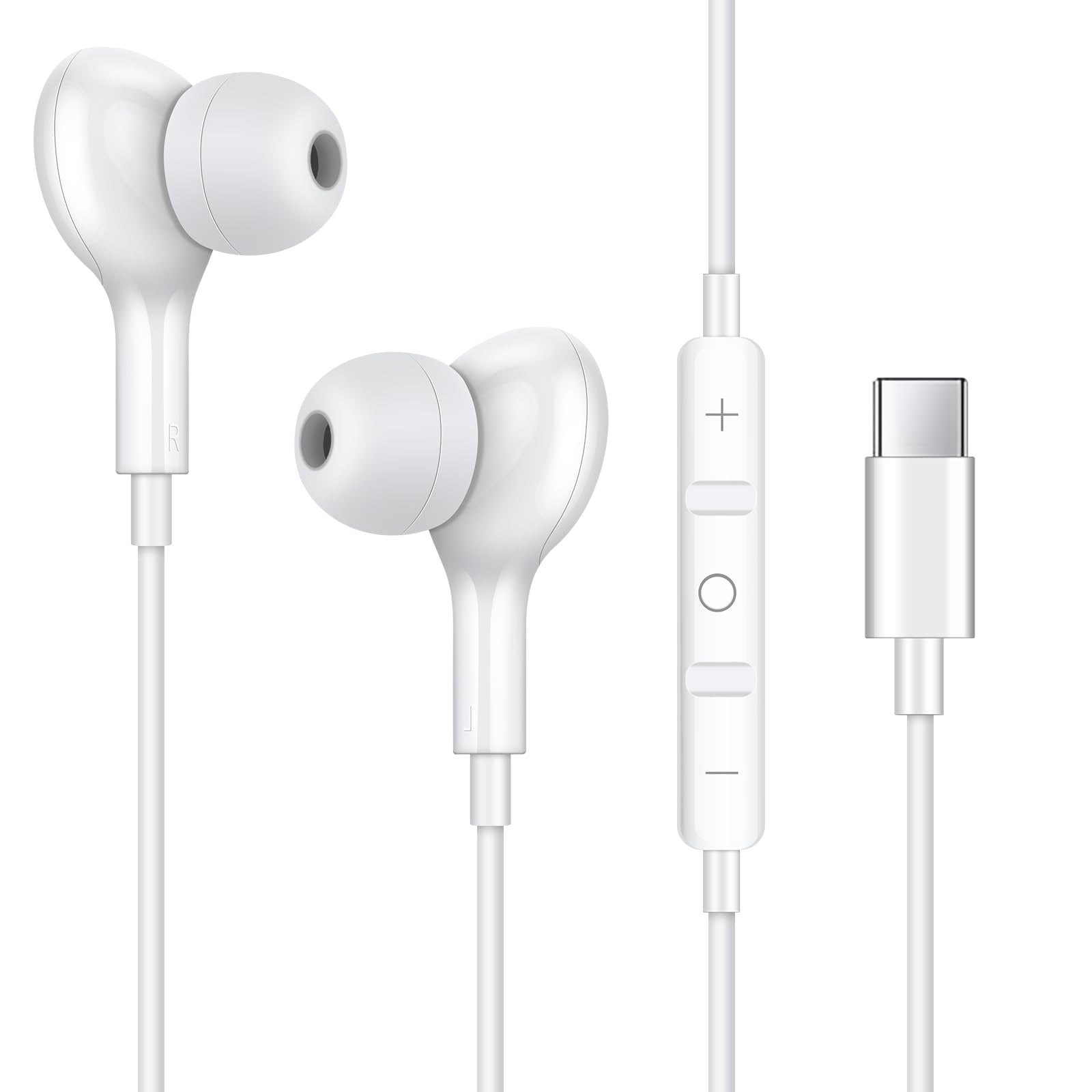 Vunake USB C Wired Earbuds with Built-in Mic & Bass Stereo - Noise Canceling Type C Headphones for iPhone 15/15 Pro/15 Pro Max, Samsung S23, Pixel 6, iPad (White) - Perfect for Commuting, Gaming & Work Calls
