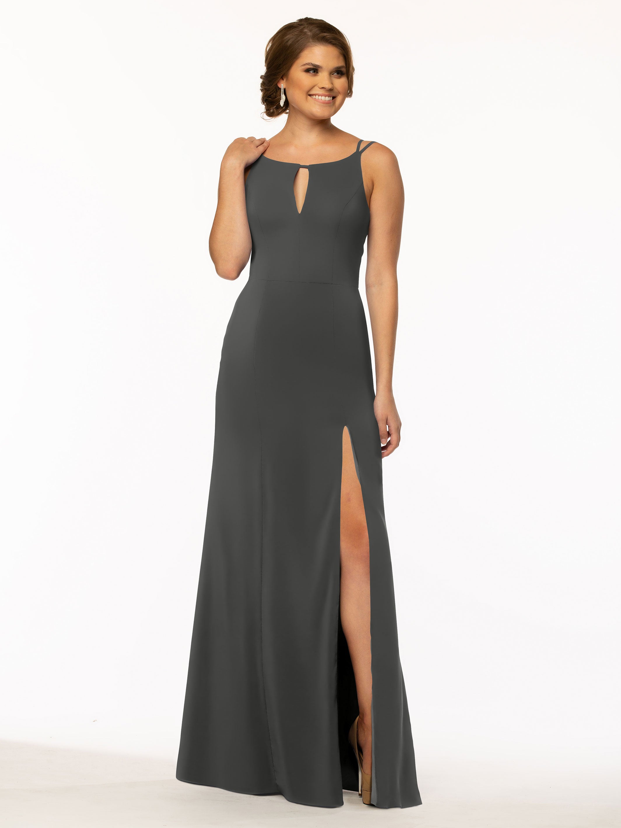 Elegant 83030 Sheath Stretch Chiffon Bridesmaid Dress with Bateau Neckline & Thigh Slit - Perfect for Weddings, Formal Events & Special Occasions