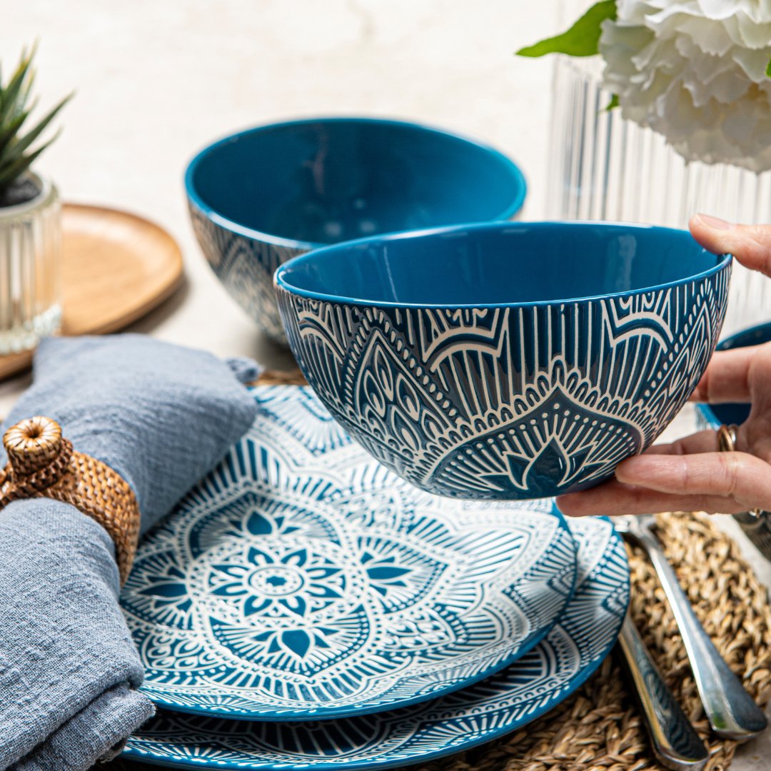 12-Piece Ceramic Dinnerware Set - Plates & Bowls with La La Mandala Blue Design for Everyday Dining, Parties & Home Decor