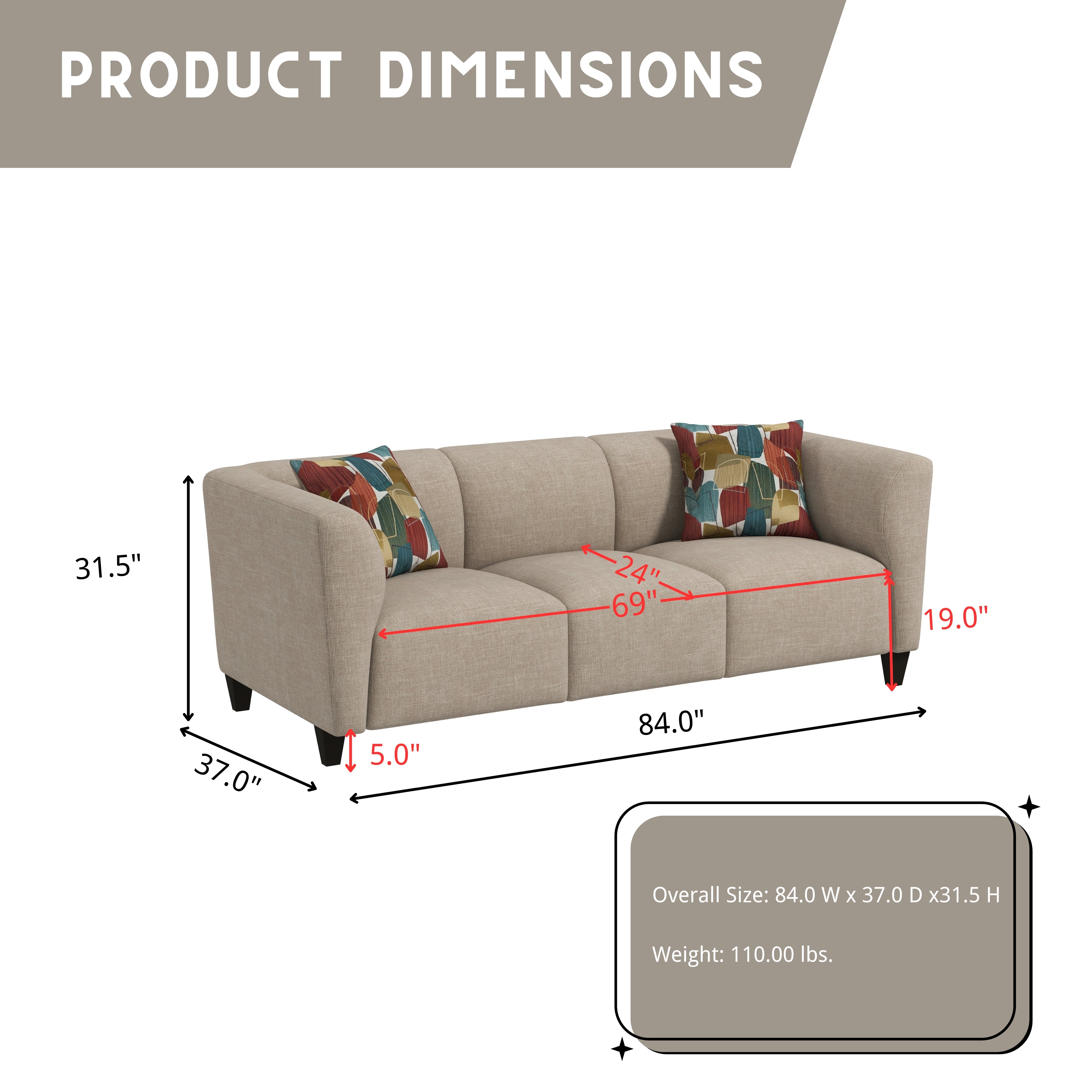 Roundhill Furniture Della Upholstered Stationary Sofa - Modern Living Room Couch with Soft Fabric, Comfortable Seating for Home, Office & Lounge Spaces