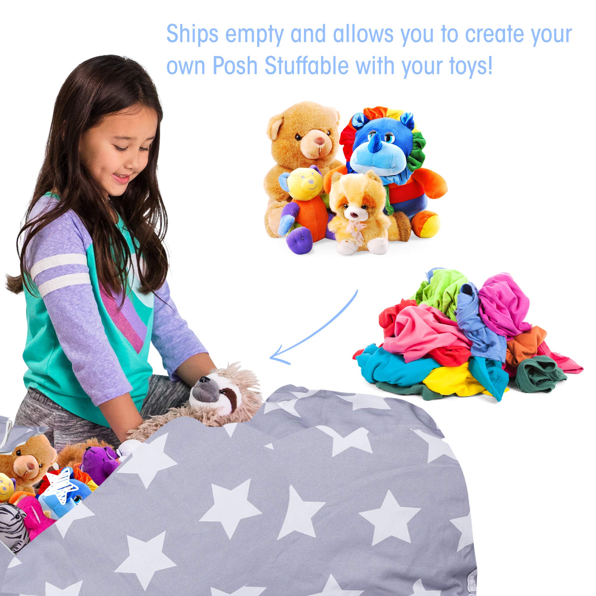 Posh Creations Kids Stuffed Animal Storage Bean Bag Chair Cover - XL 48in Toy Organizer for Children's Room, Gray with White Stars Canvas - Perfect for Playroom, Bedroom & Nursery Organization
