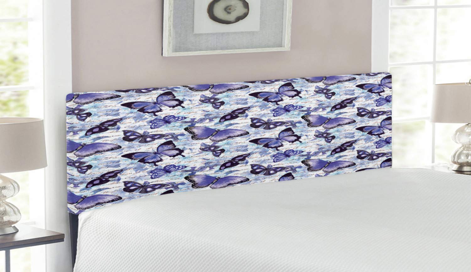 Ambesonne Vintage Butterfly Floral Upholstered Headboard - Queen Size Metal Bed Frame with Memory Foam in Pale Blue Violet Black | Romantic Bedroom Decor for Master & Guest Rooms