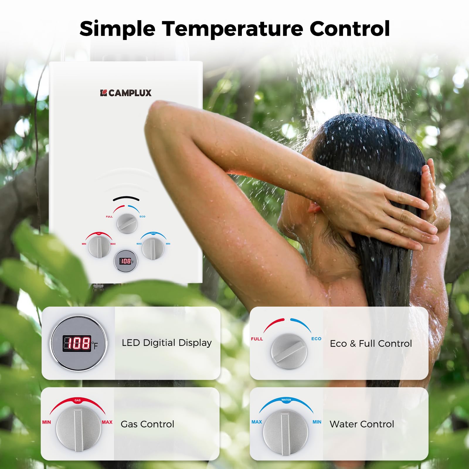 CAMPLUX 1.58 GPM Tankless Propane Water Heater - 41,000 BTU Portable Outdoor Water Heater for Camping, RV, Hunting & Off-Grid Living - Instant Hot Water System (BW158, White)