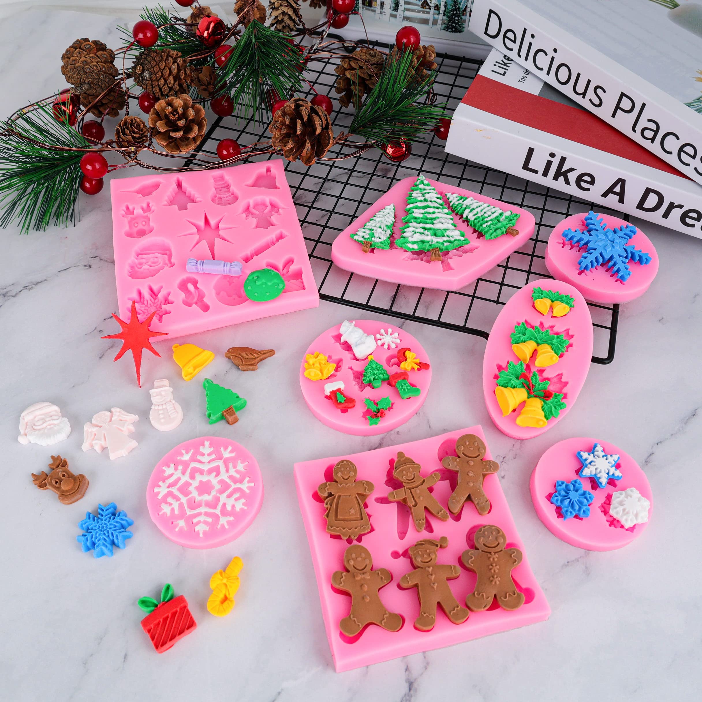 Christmas Silicone Baking Molds Set - Snowflake, Snowman, Tree, Holly Leaves & Santa Claus Designs for Fondant, Chocolate, Candy & Cake Decorating | Perfect for Xmas, New Year Party & Holiday Dessert Making