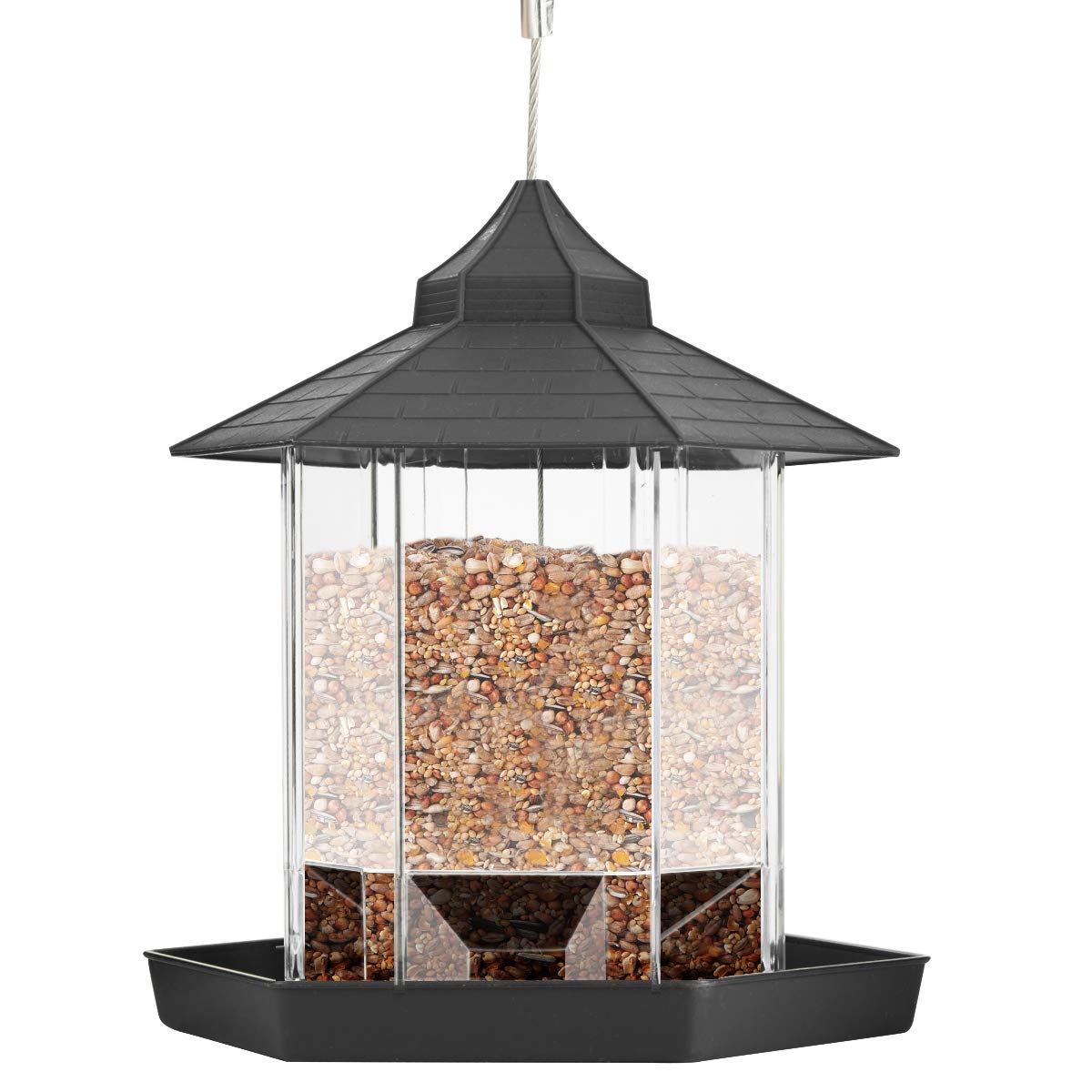 Durable Plastic Hanging Bird Feeder with Protective Roof - Outdoor Garden, Patio & Backyard Bird Feeding Station (Grey) - Attracts Wild Birds for Year-Round Enjoyment