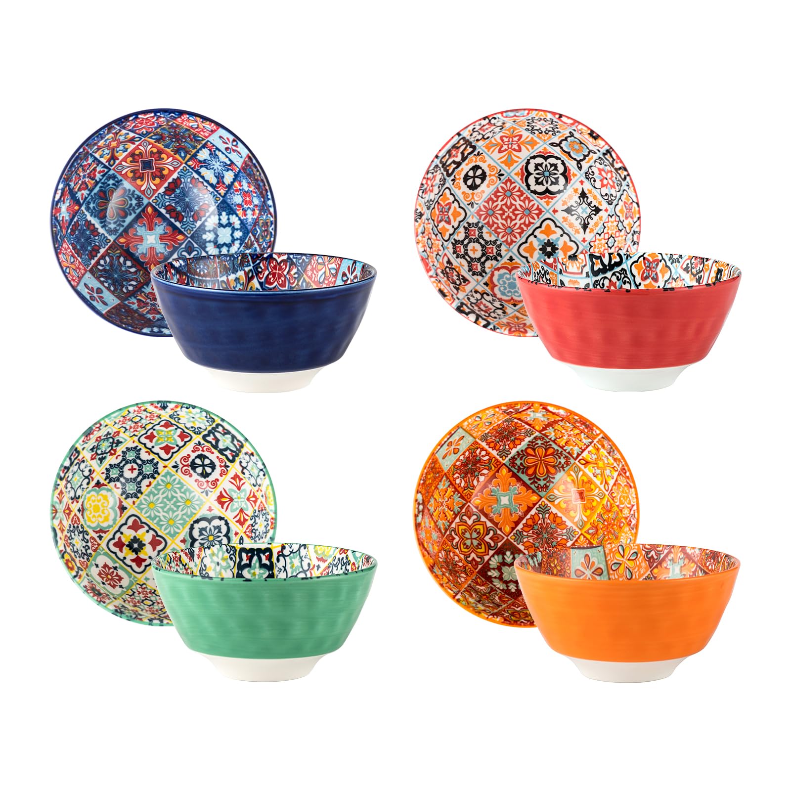 Henten Home 12 oz Ceramic Small Bowls Set of 4, Porcelain Snack Bowls for Soup, Salad, Rice, Ice Cream - Microwave & Dishwasher Safe Mosaic Style - Perfect for Dining, Entertaining & Everyday Use