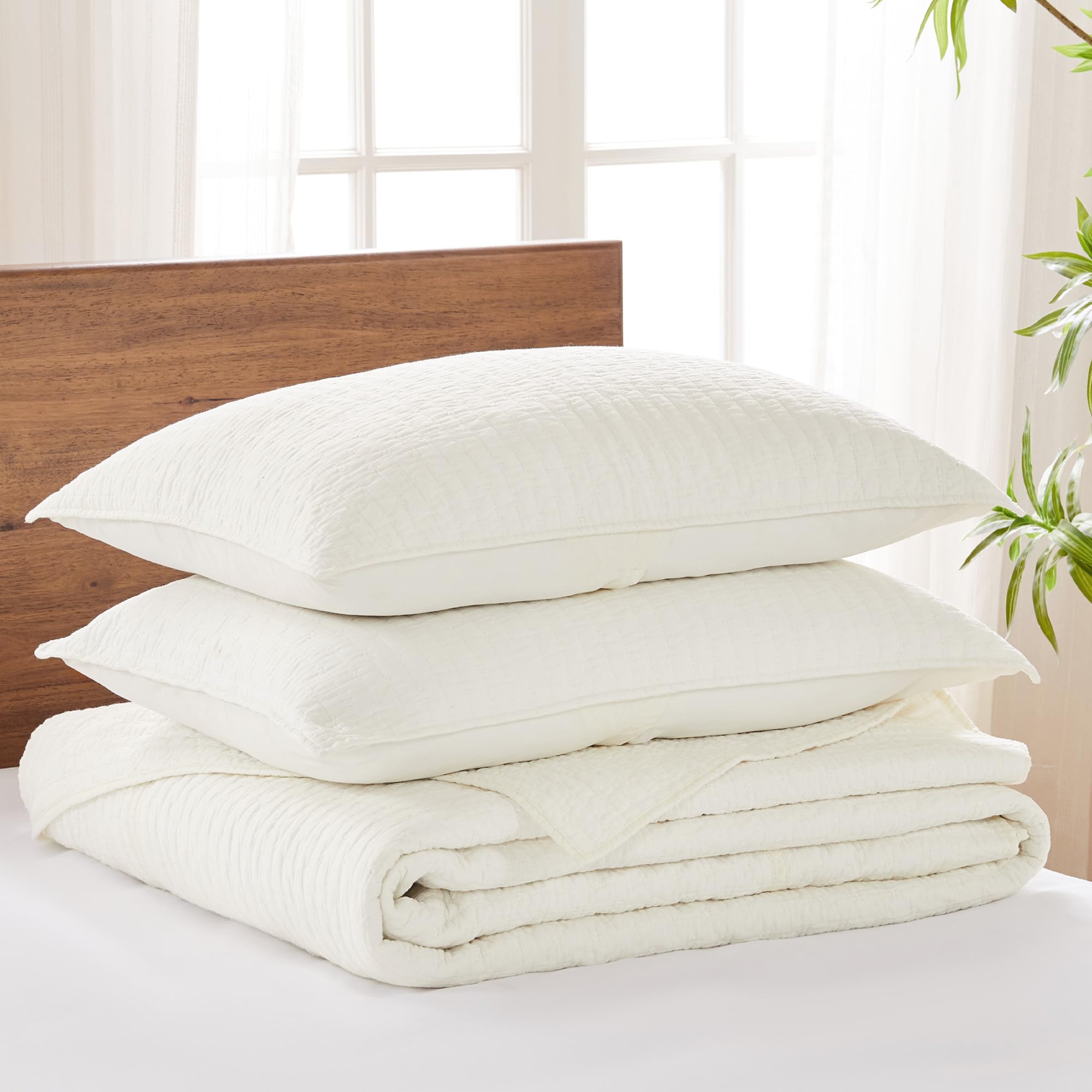 Levtex Home King Size Cross Stitch Cream Quilted Bedspread Set with 2 Shams - 100% Cotton Bedding (120x104in Bedspread + 20x36in Shams) - Elegant Cross Stitch Pattern for Master Bedroom Decor