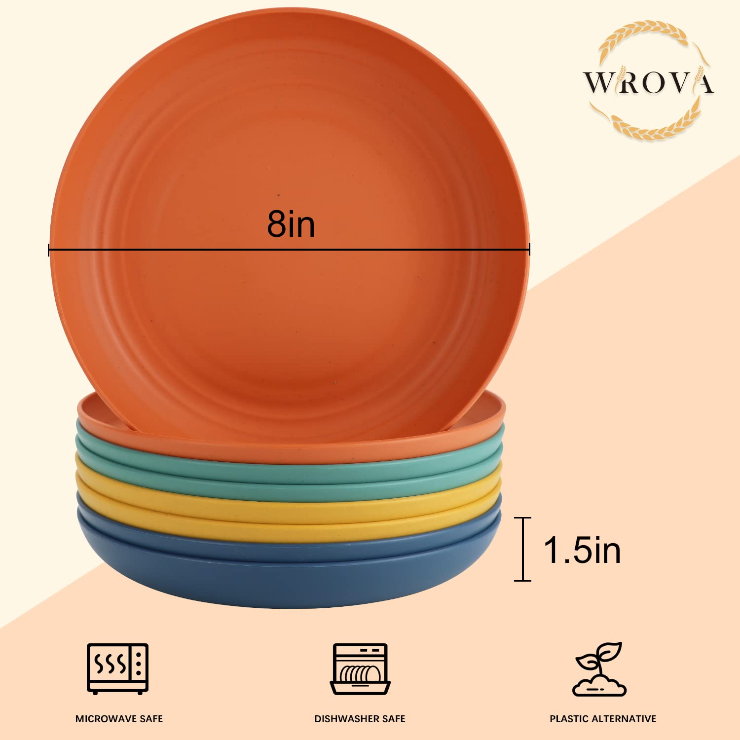 Eco-Friendly Wheat Straw Dinner Plates Set of 8 - 8 Inch Unbreakable & Lightweight Plates - Microwave & Dishwasher Safe Reusable Plates for Kitchen, Camping, RV, Picnics, and Outdoor Dining (Colorful Series)