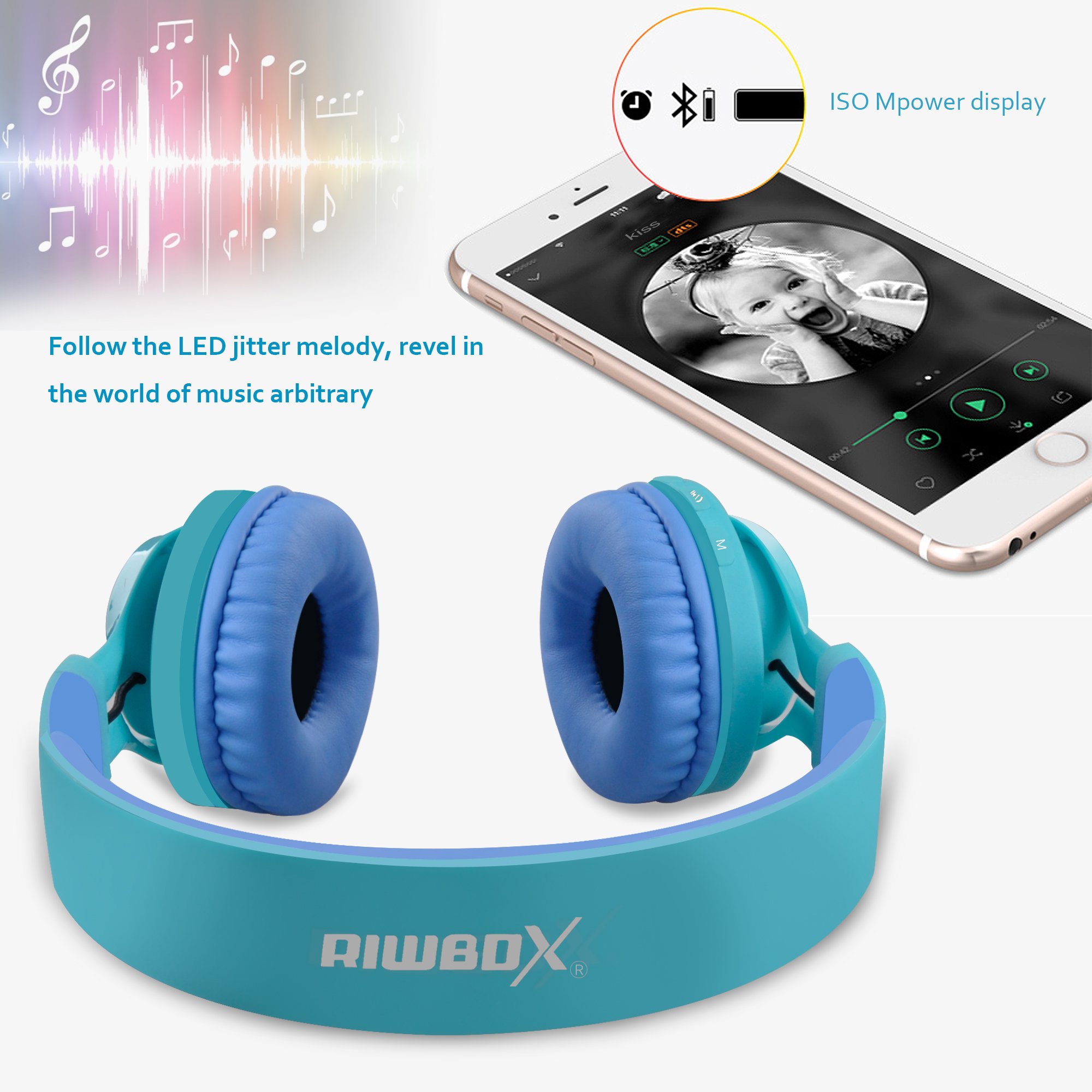 Riwbox WT-7S Kids Bluetooth Headphones with LED Lights - Wireless Foldable Stereo Headset with Built-in Mic & Volume Control - Compatible with PC, Tablet, TV - Perfect for School, Travel & Home Use (Blue)
