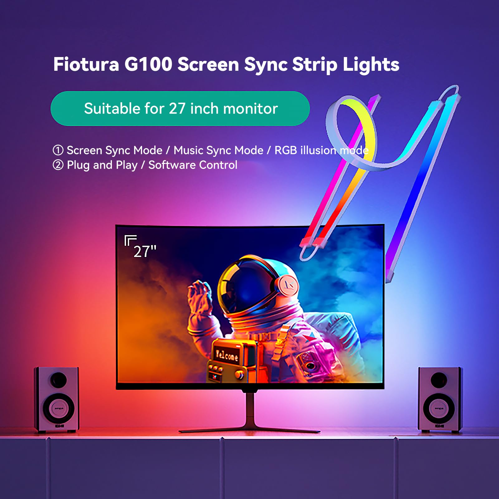 RGB LED Monitor Backlight Strip - Sync with Screen Colors & Music, USB-Powered Computer Light Bar for Gaming Desks, Software Control, G100 (27-inch) - Perfect for Gaming Setups, Home Office & Entertainment Rooms