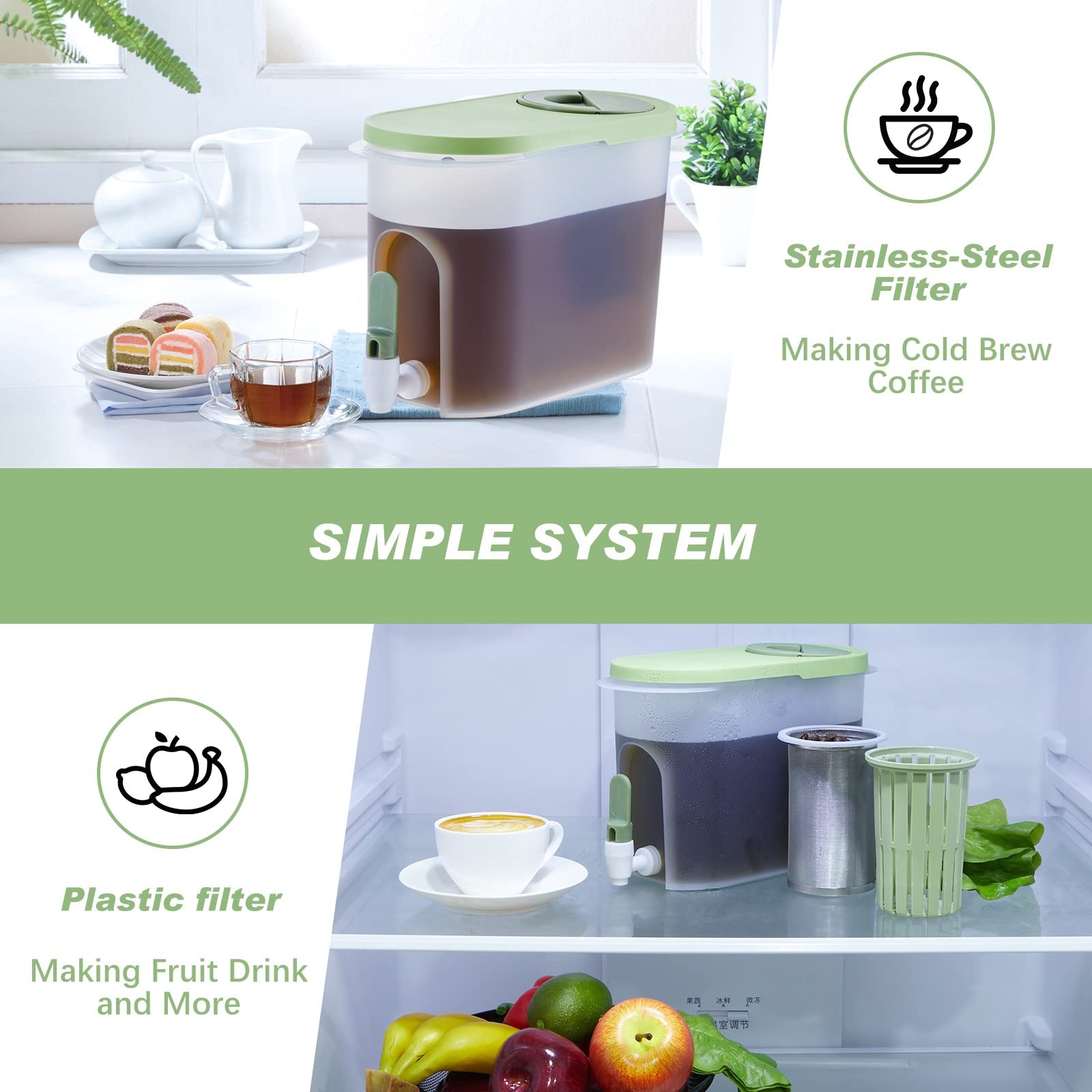 2-Pack 1 Gallon Plastic Cold Brew Coffee Maker with 2 Filter Infusers - Large Beverage Dispenser with Spigot for Iced Coffee, Tea, Juice & Water - Perfect for Parties, BBQs & Home Brewing (Green & Yellow)