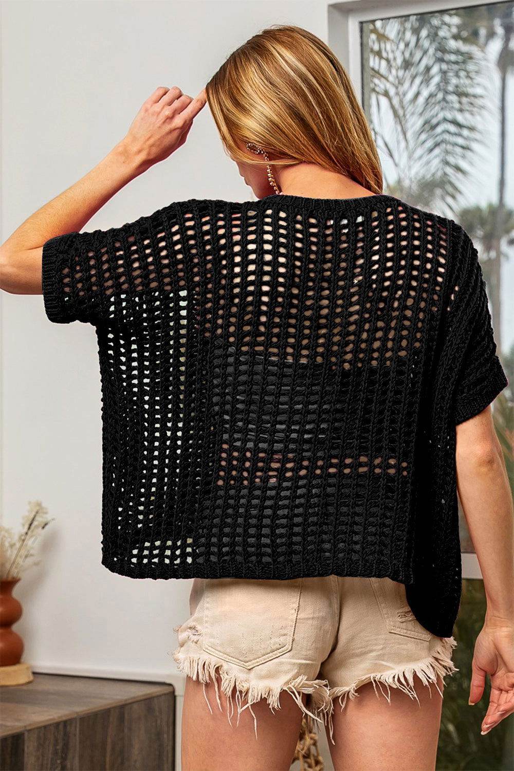 BiBi Hollowed Out Short Sleeve Knit Cover Up - Lightweight Beachwear for Summer Vacation, Pool Party & Resort Wear