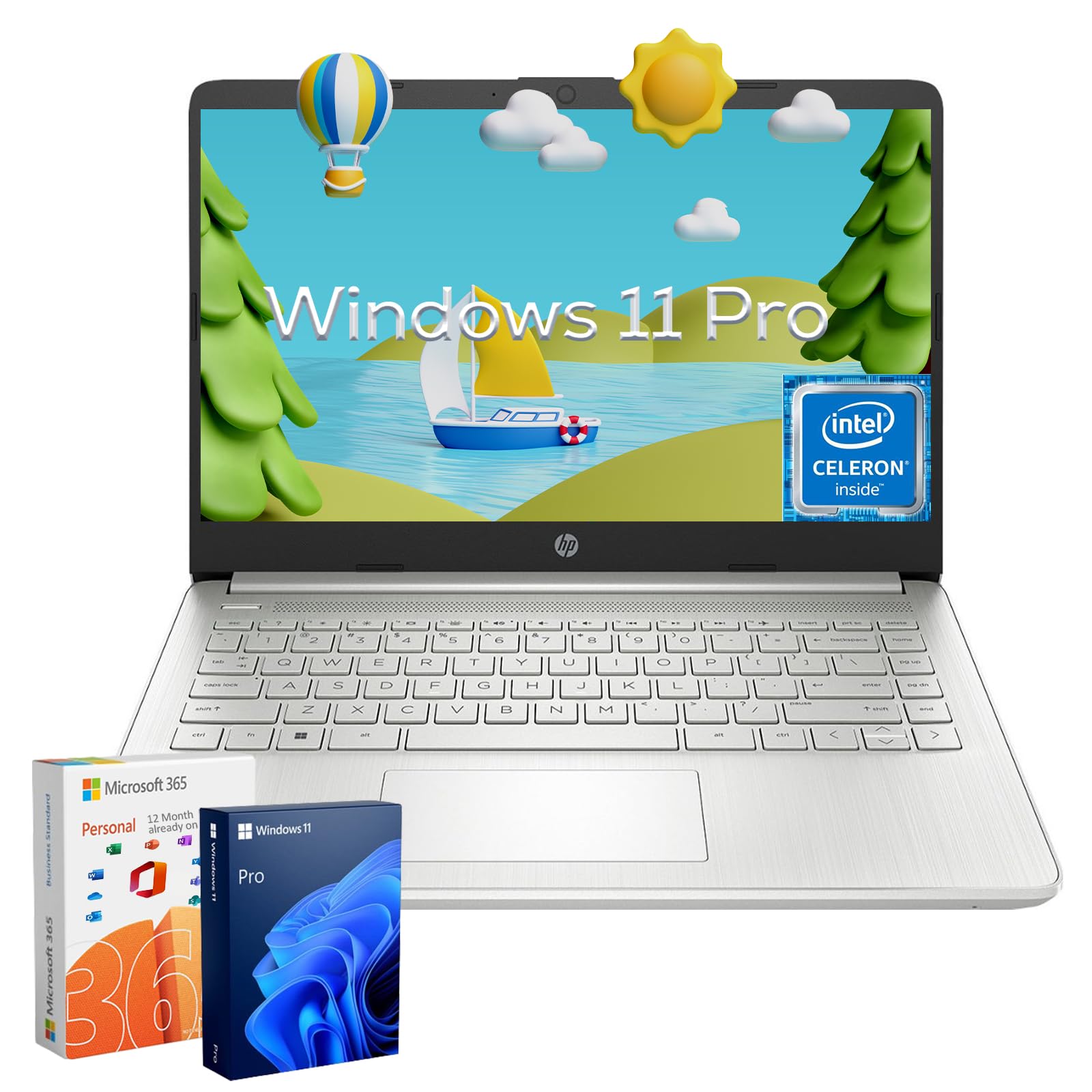 HP Ultra-Thin Everyday Laptop Notebook - Windows 11 Pro & 1-Year Microsoft 365, 16GB RAM, 384GB Storage (128GB eMMC + 256GB SD Card), Intel Quad-Core Processor, 14