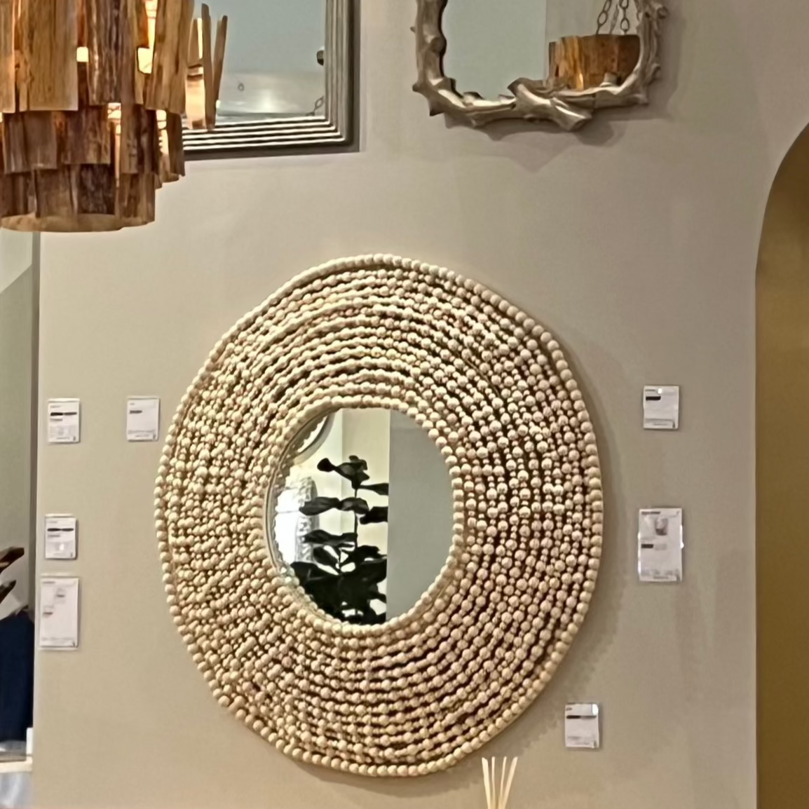 Elegant White Beaded Wall Mirror - Boho Chic Home Decor for Living Room, Bedroom & Entryway - Perfect for Vanity & Selfie Background