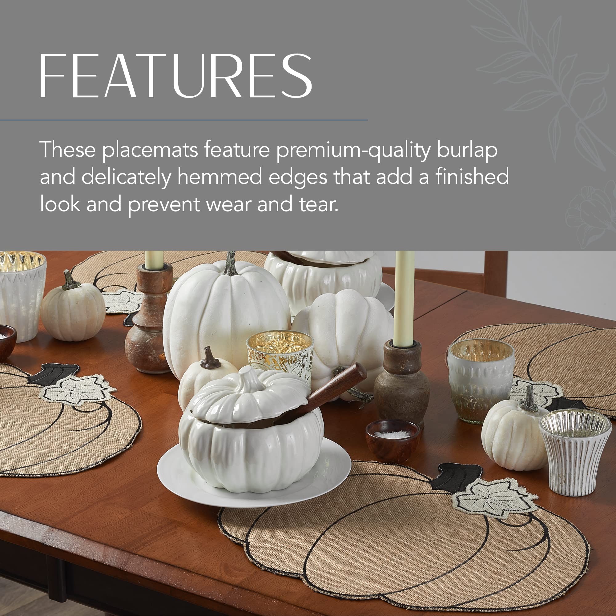 Elrene Home Fashions Burlap Pumpkin Placemats - Set of 4 Fall Harvest Table Mats (13