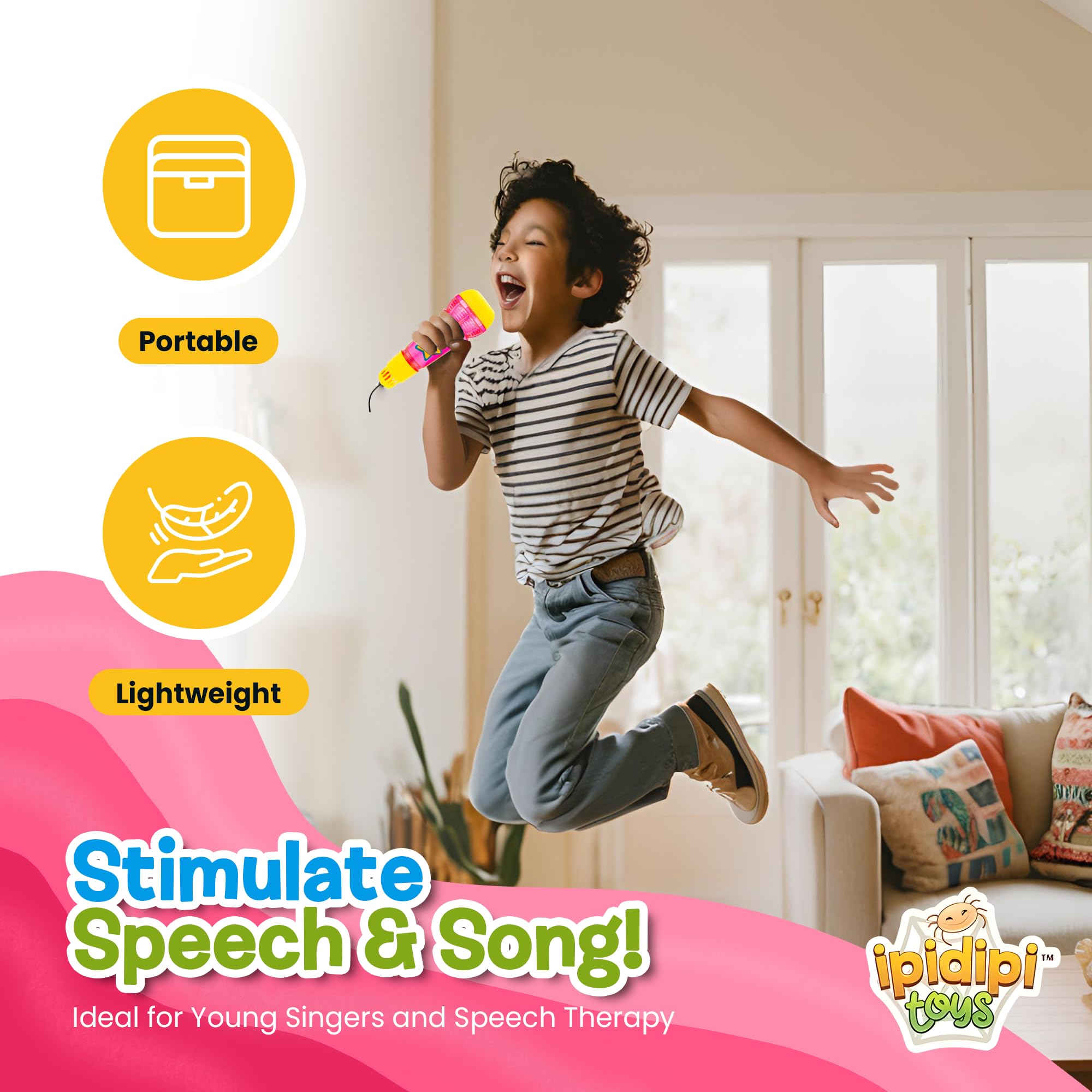 IPIDIPI Kids Echo Microphone Toy with Multicolor Flashing Lights - Speech Therapy & Retro Gift for Toddlers & Girls (Pink/Yellow) - Perfect for Birthday Parties, Christmas Stocking Stuffers & Sing-Along Fun