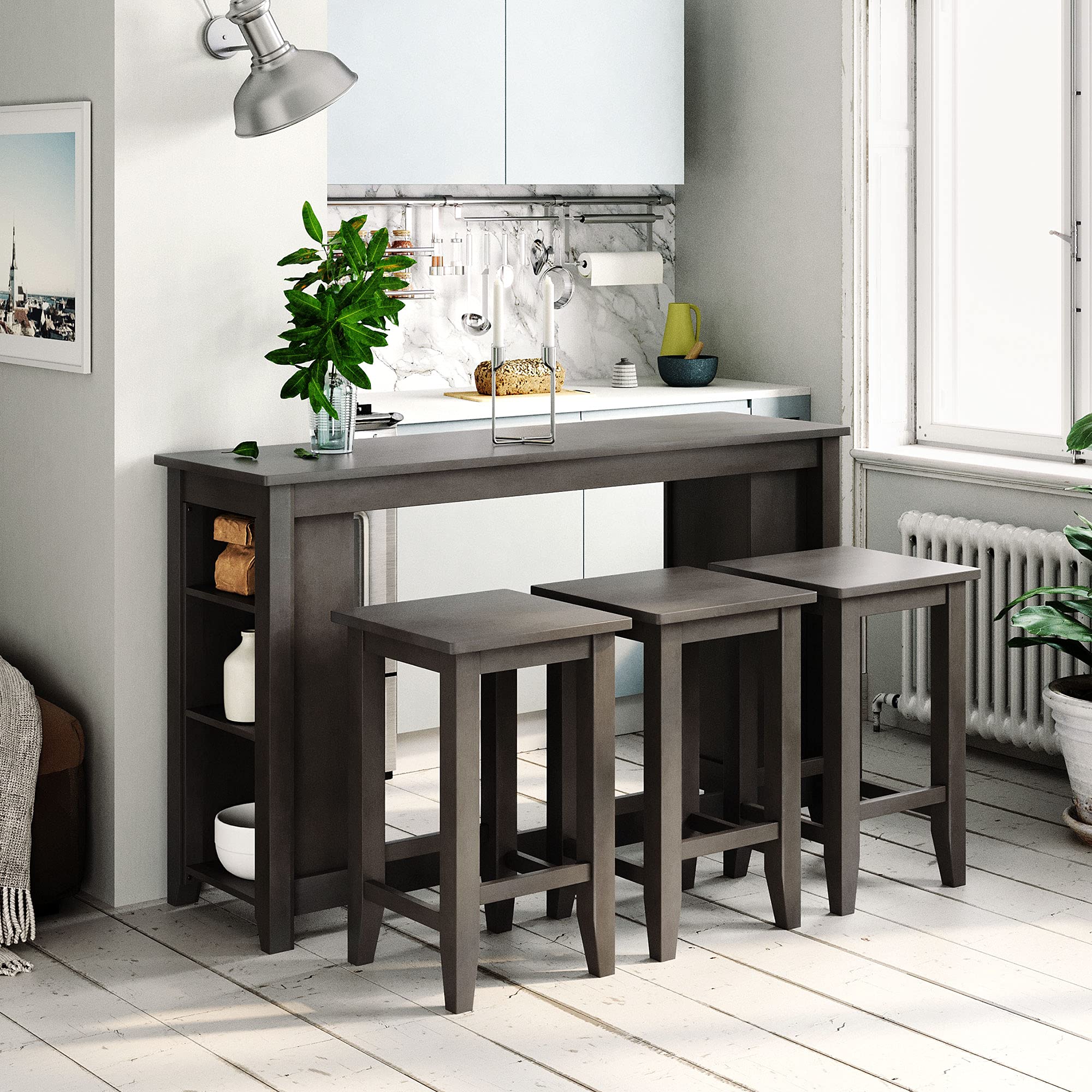 4-Piece Counter Height Dining Table Set with Shelves & 3 Barstools - Modern Pub Table Set for Home Bar, Kitchen, Small Restaurant & Outdoor Patio Use