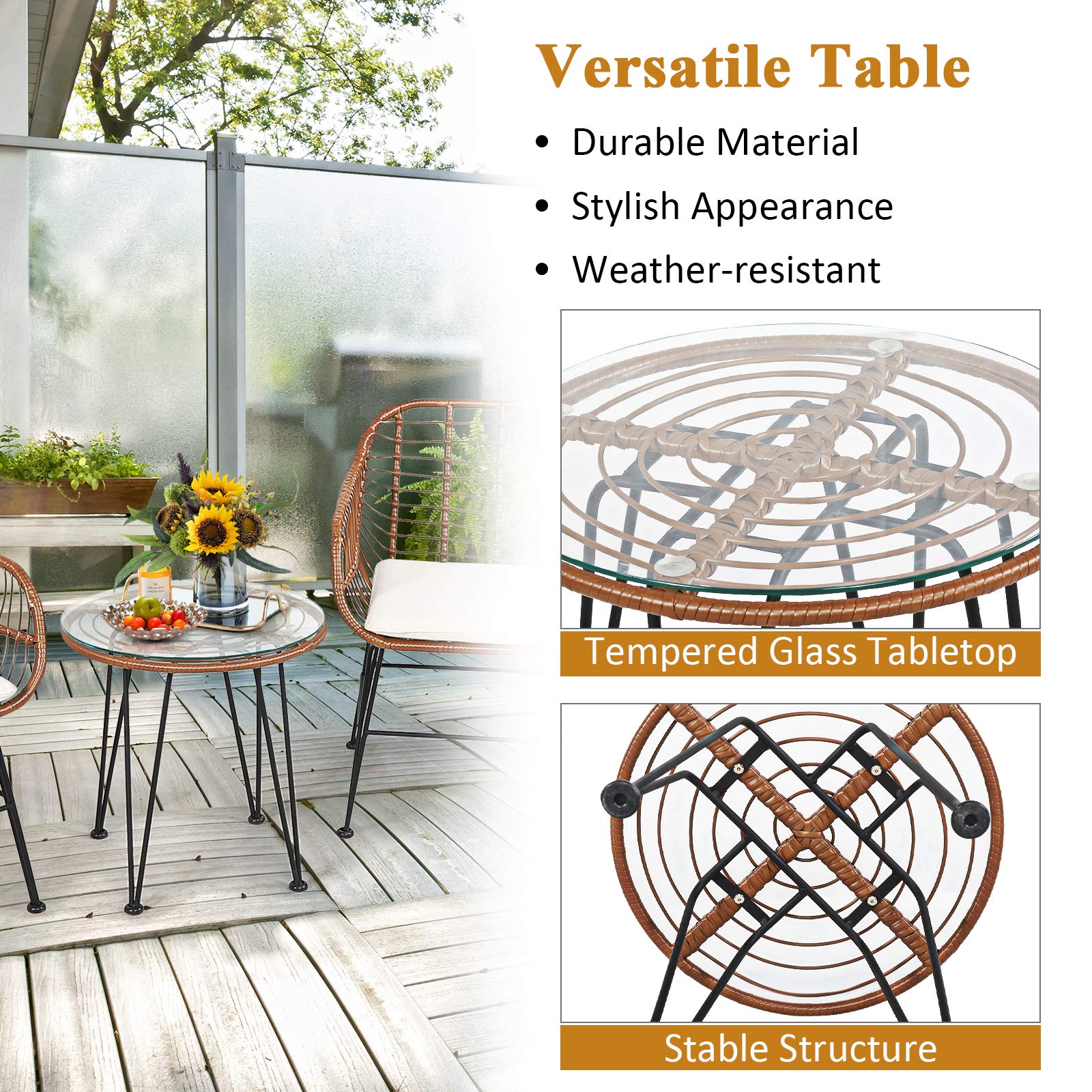 Tangkula 3-Piece Outdoor Patio Conversation Set with Round Glass Table & 2 Rattan Chairs - Wicker Bistro Furniture with Cushions for Porch, Backyard, Garden - Perfect for Relaxing, Entertaining & Outdoor Dining