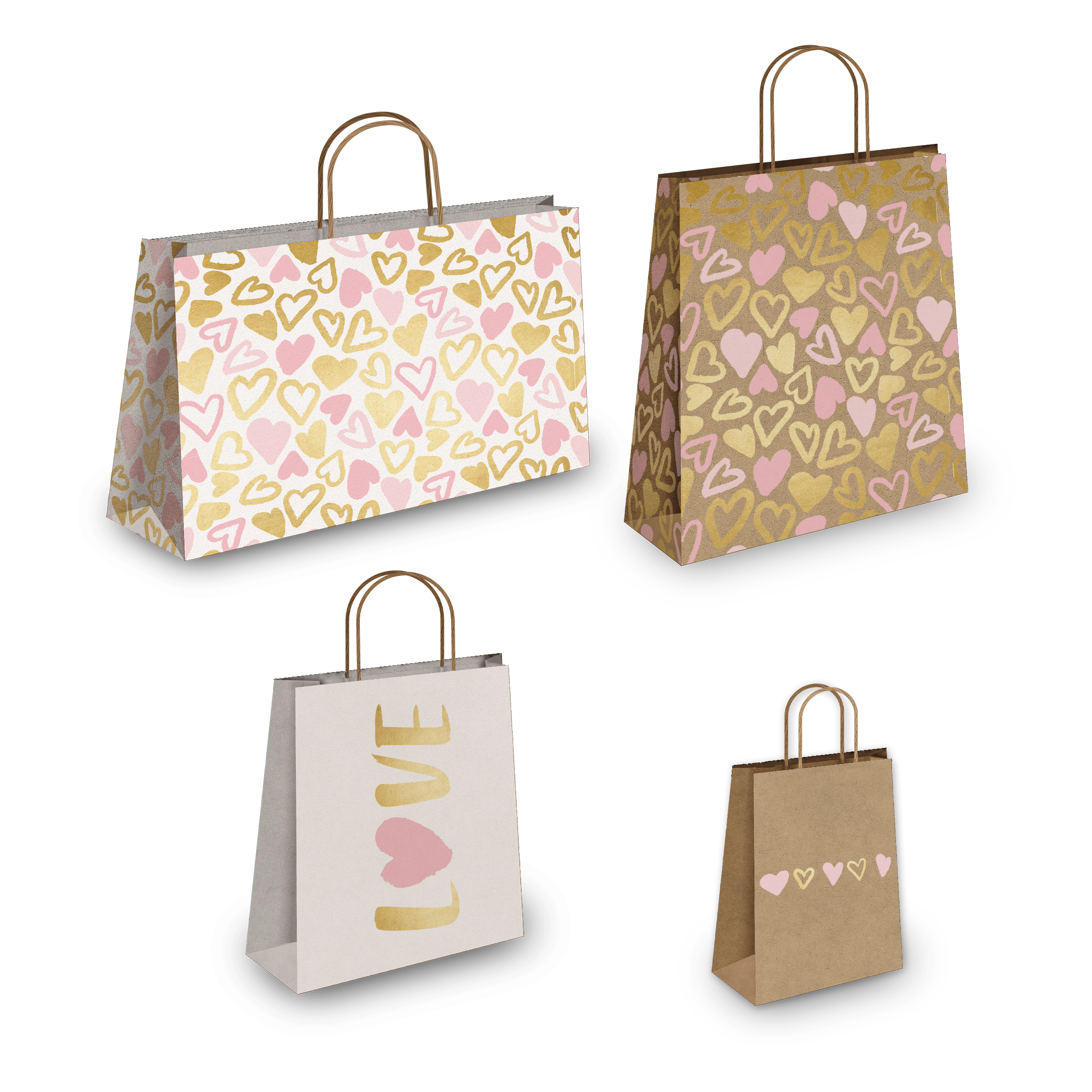 Pink and Gold Heart Kraft Paper Gift Bags - Assorted Sizes for Valentine's Day, Birthday Party Favors, Wedding Favors & Small Gift Packaging